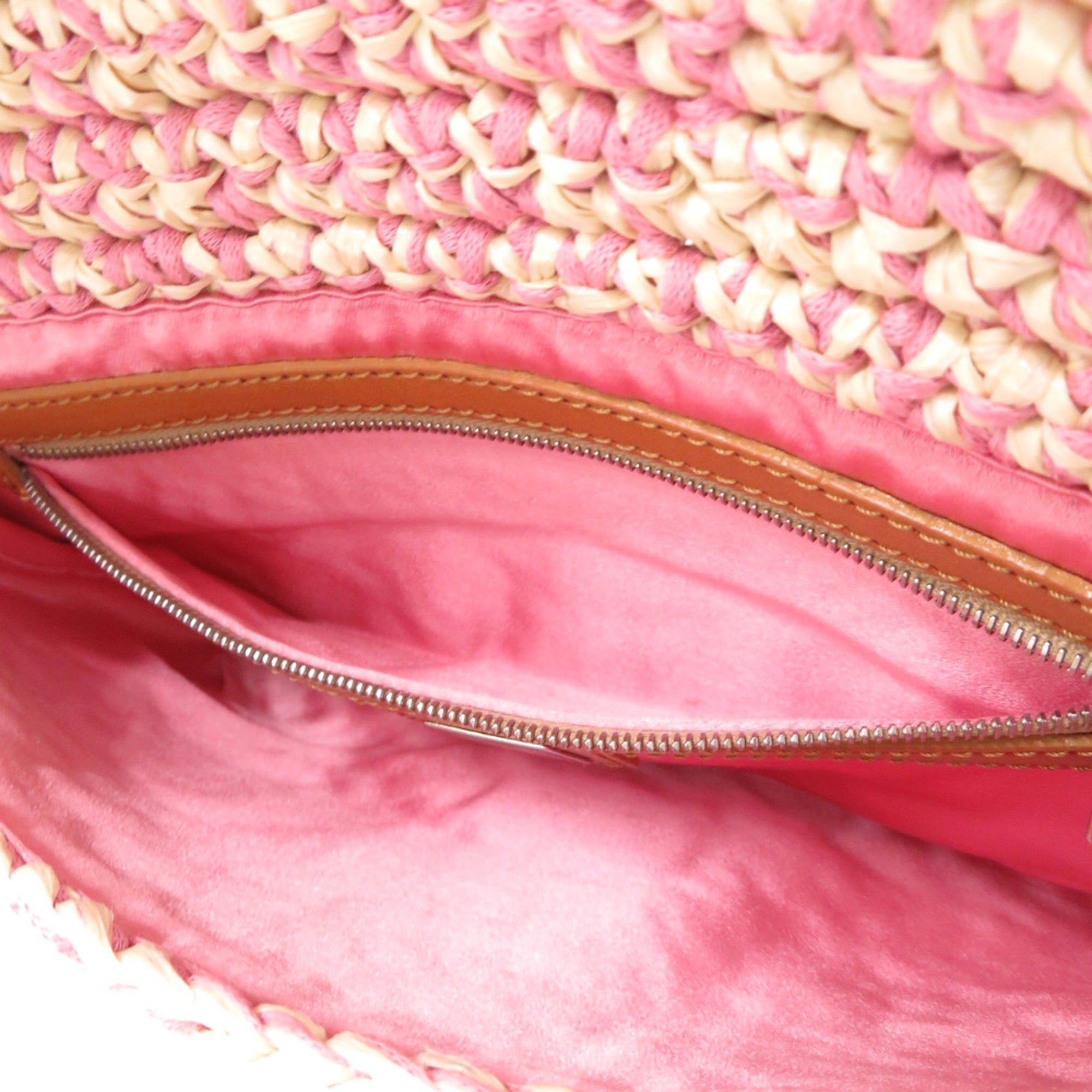 Fendi Brown Ivory Pink Straw Cotton Leather Handbag Shoulder Bag (Pre-Owned)