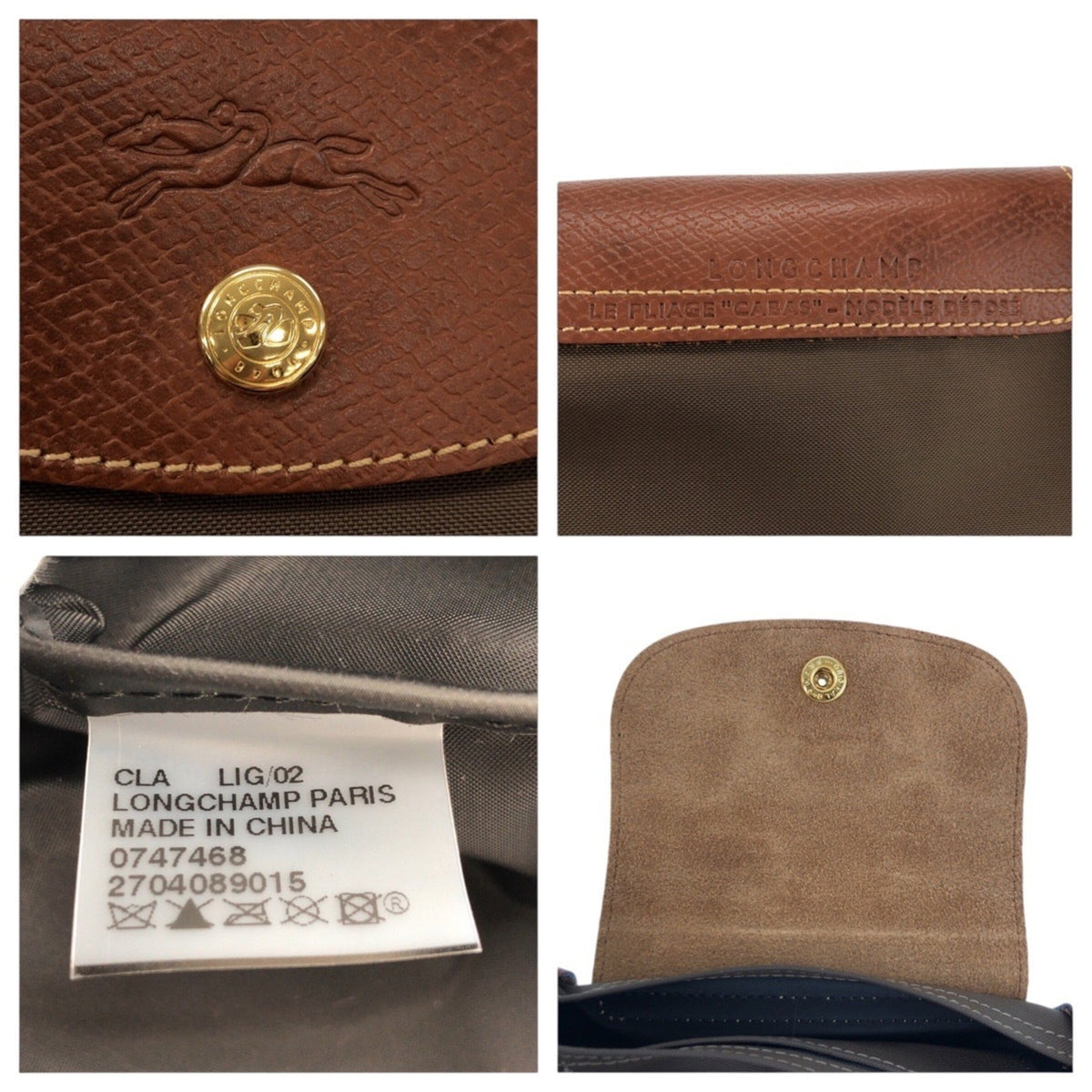 Longchamp Brown Khaki Nylon Leather Handbag Tote Bag (Pre-Owned)