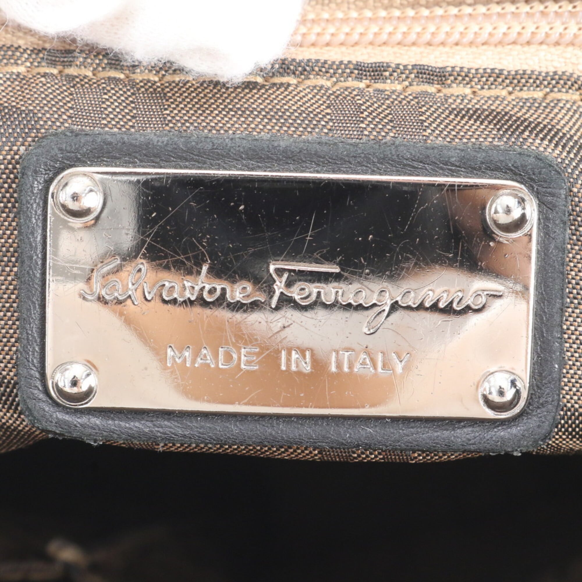 Salvatore Ferragamo Black Leather Coated Canvas Handbag Shoulder Bag Tote Bag (Pre-Owned)