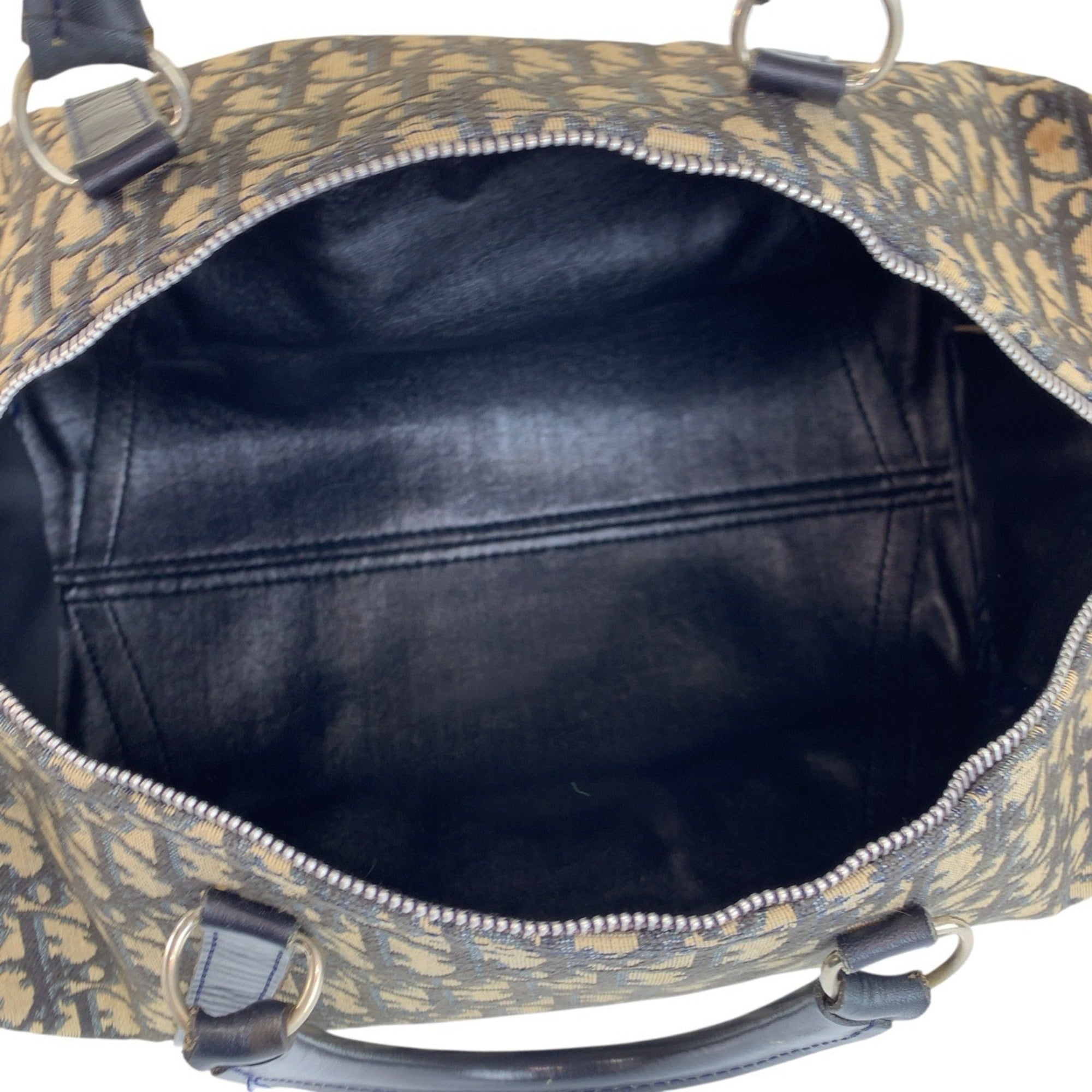 Christian Dior Beige Navy Canvas Leather Boston Bag Handbag (Pre-Owned)