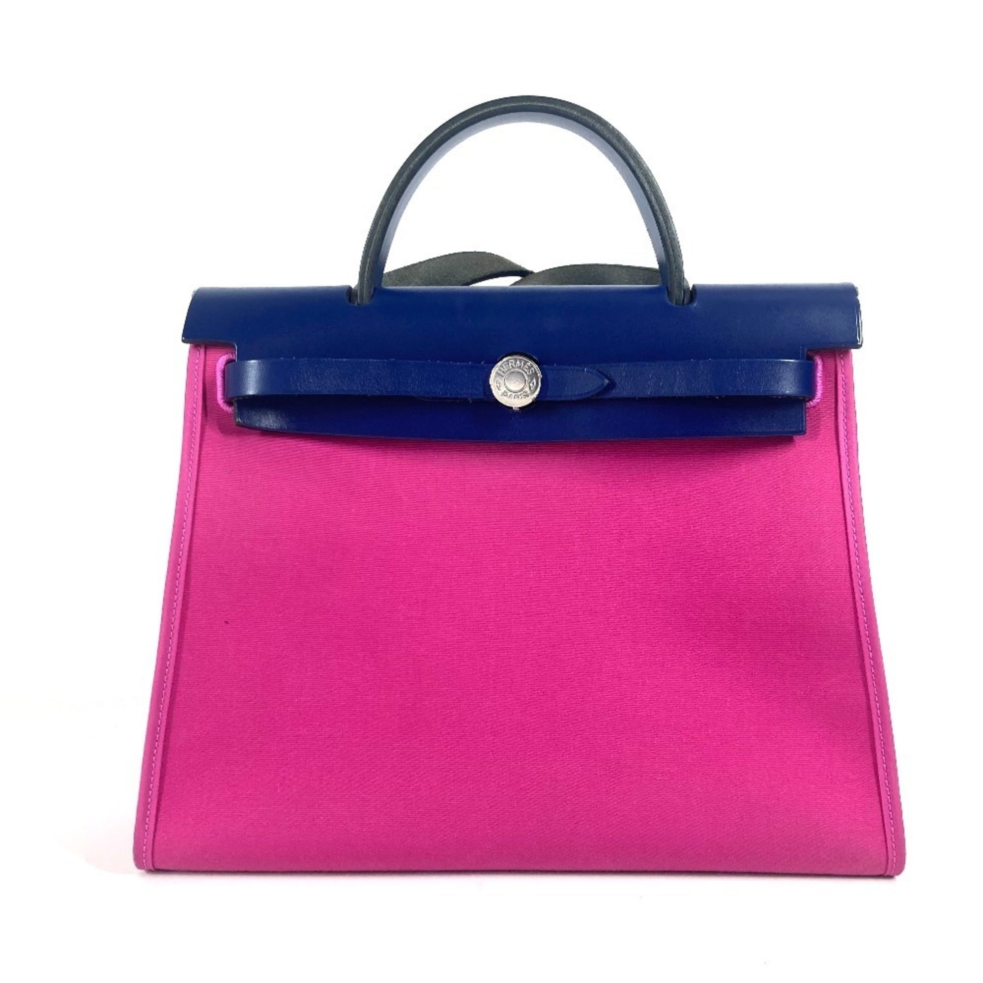 Hermes Blue Pink Toile Officier Vache Leather Handbag Shoulder Bag (Pre-Owned)