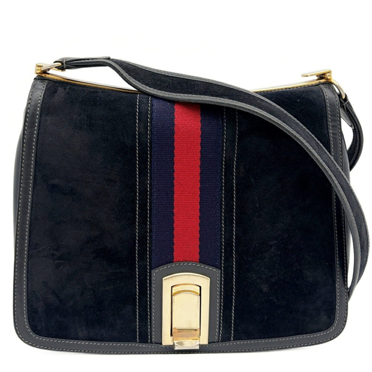 Gucci Sherry Line Navy Red Color Suede Leather Shoulder Bag (Pre-Owned)
