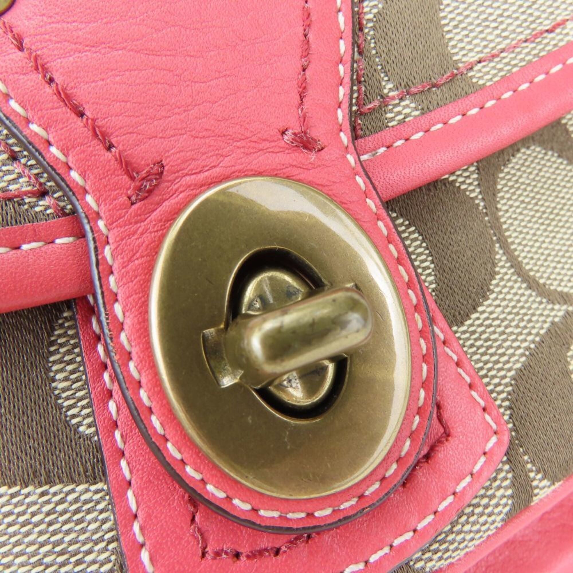 Coach Signature Beige Pink Canvas Leather Pochette Shoulder Bag (Pre-Owned)