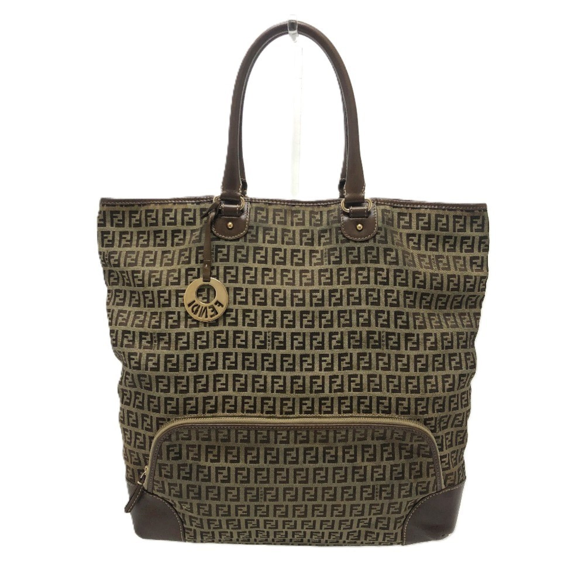 Fendi Beige Zucchino Canvas Leather Handbag Shoulder Bag Tote Bag (Pre-Owned)