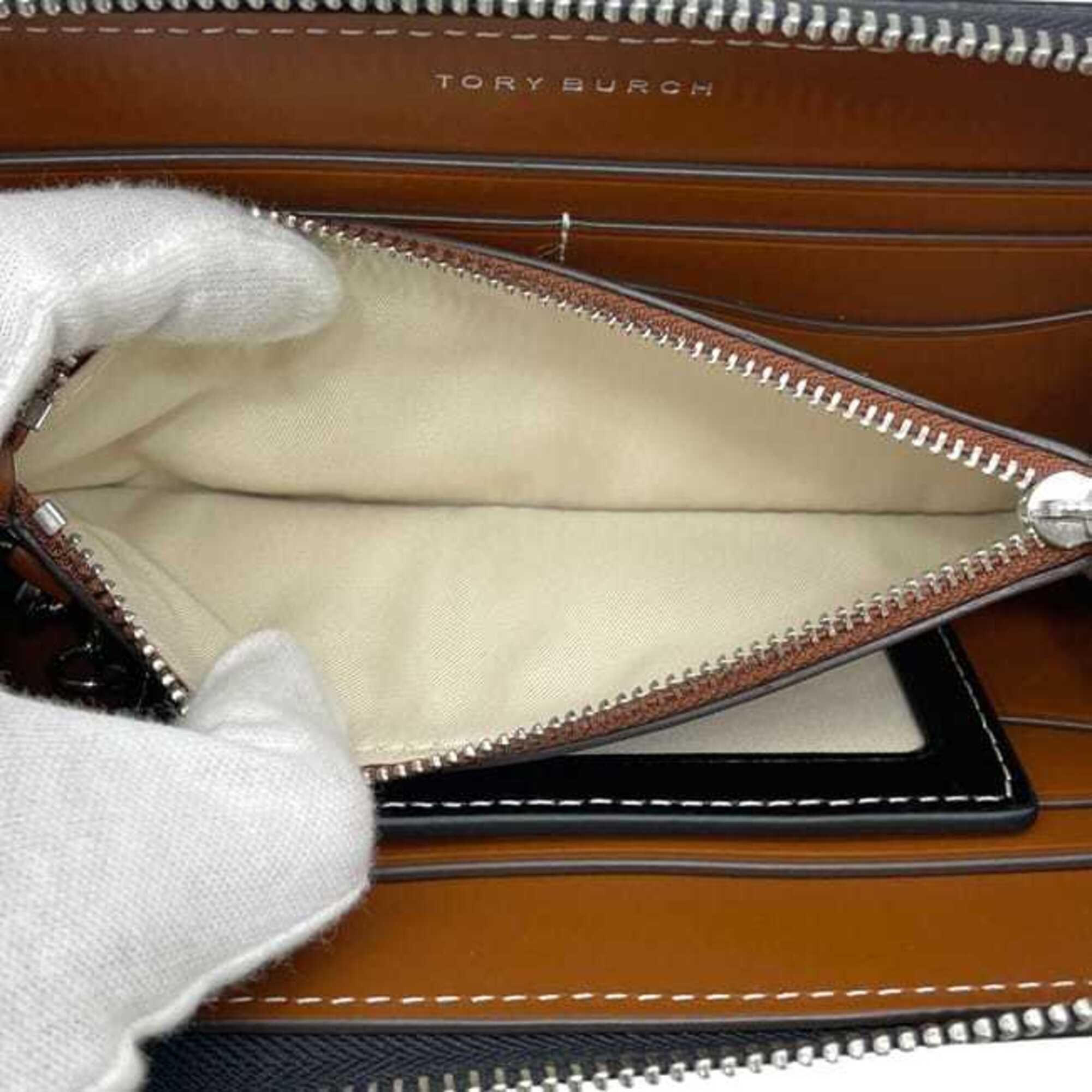 Tory Burch Black White Canvas Leather Long Wallet (Bi-Fold) (Pre-Owned)