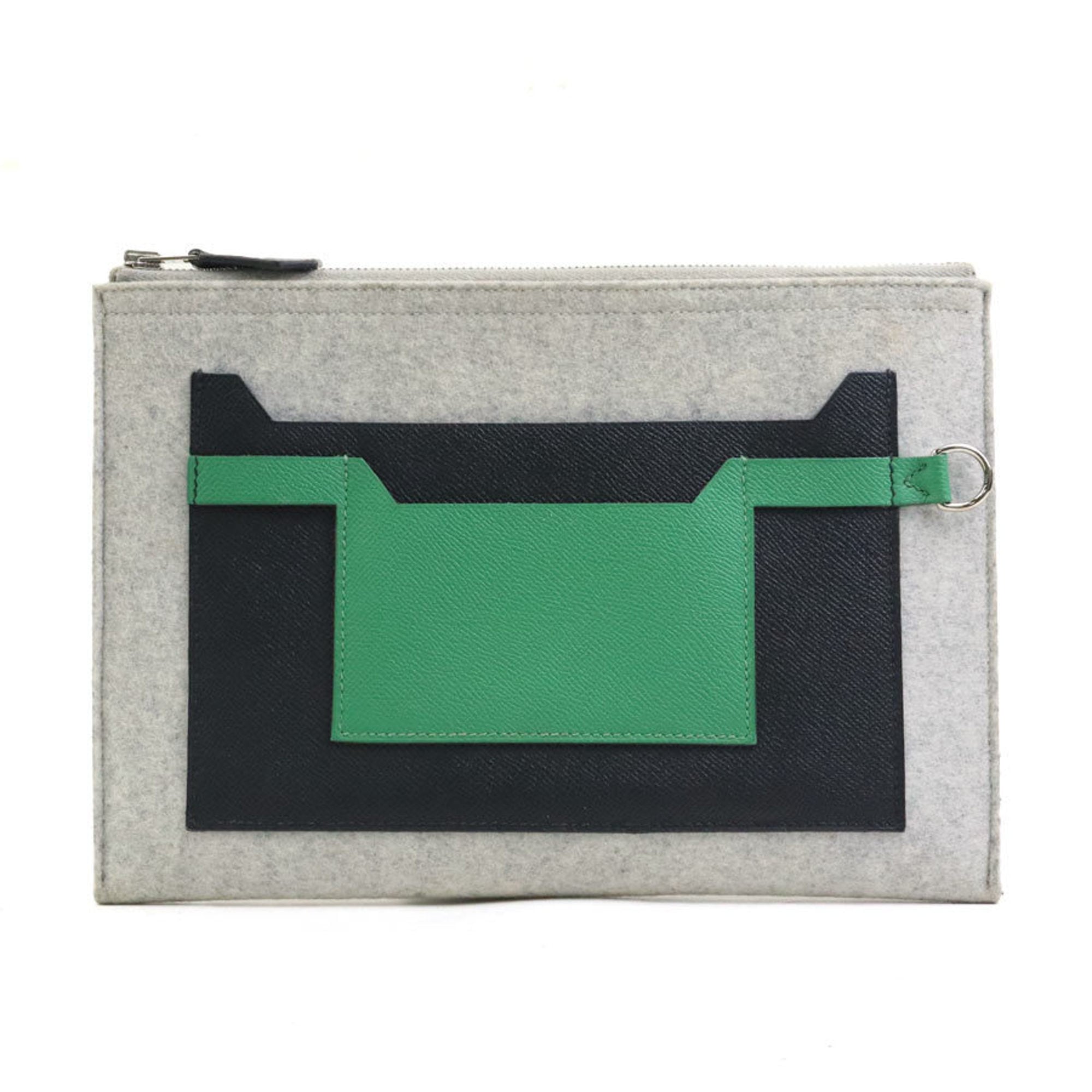 Hermes Black Gray Green Felt Leather Clutch Bag (Pre-Owned)