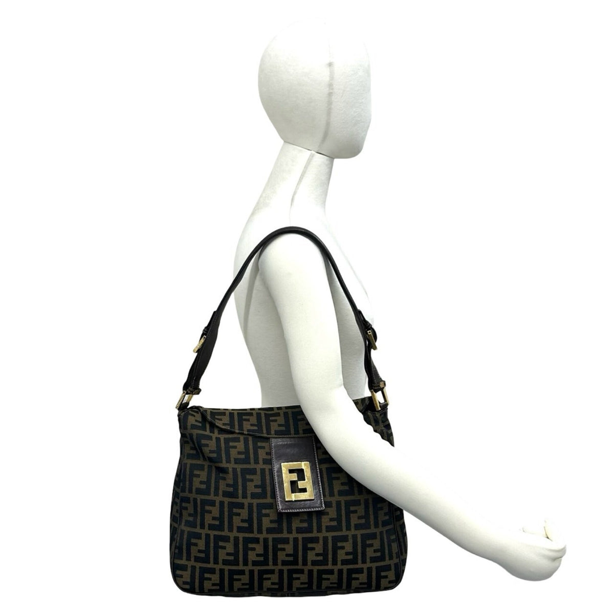 Fendi Black Brown Canvas Leather Shoulder Bag Tote Bag (Pre-Owned)