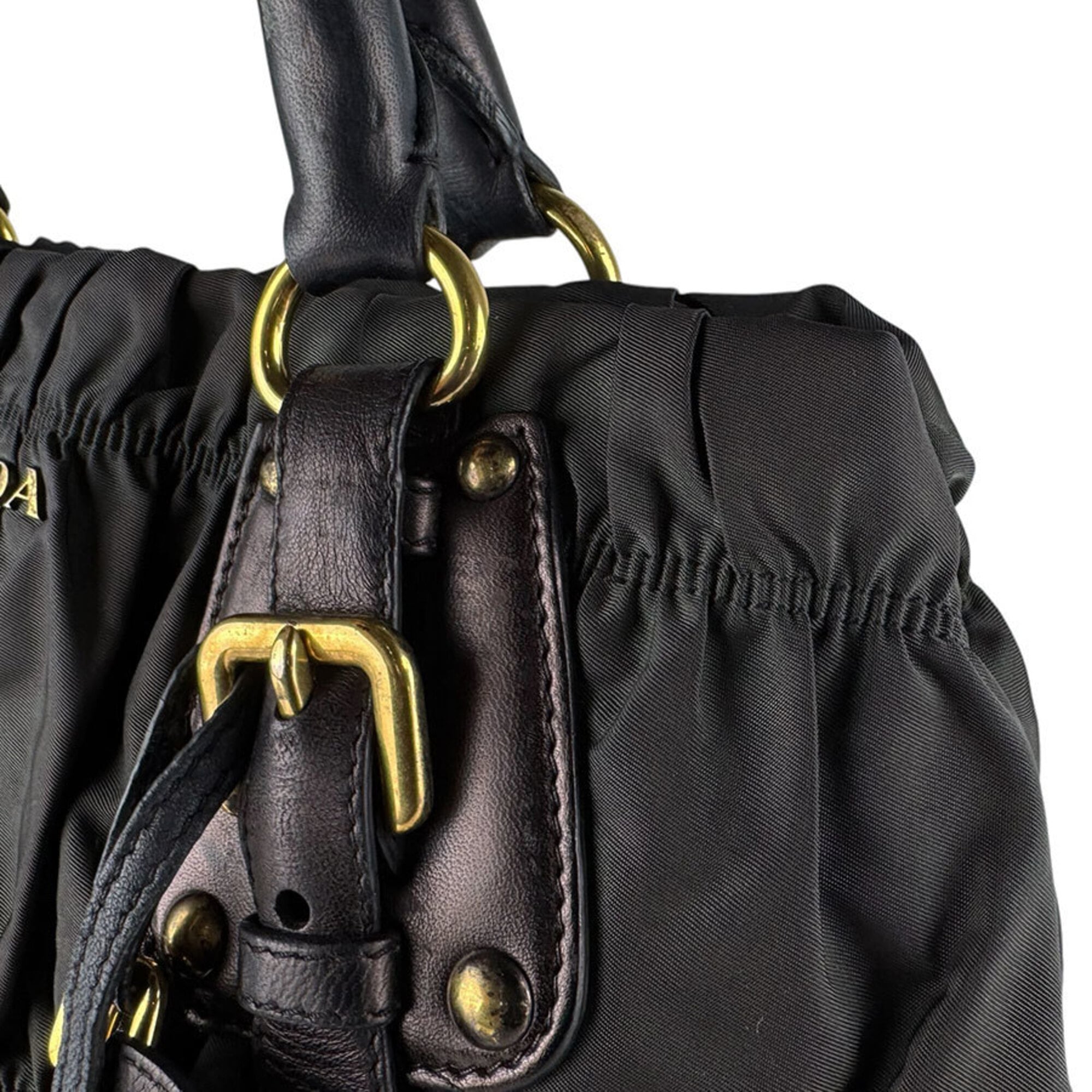 Prada Black Green Nylon Leather Handbag Shoulder Bag (Pre-Owned)