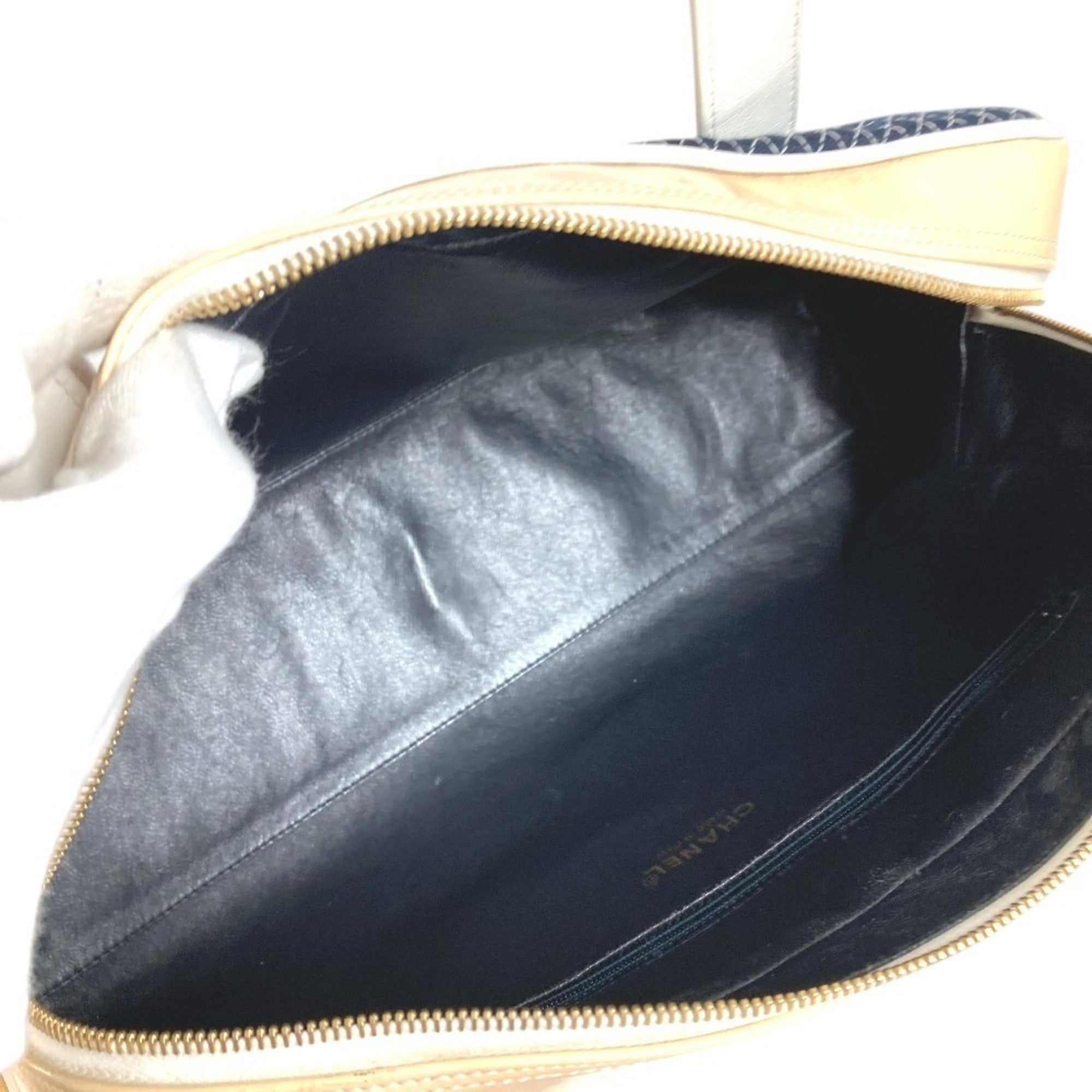 Chanel Navy White Canvas Boston Bag Shoulder Bag Sports Bag Tote Bag (Pre-Owned)