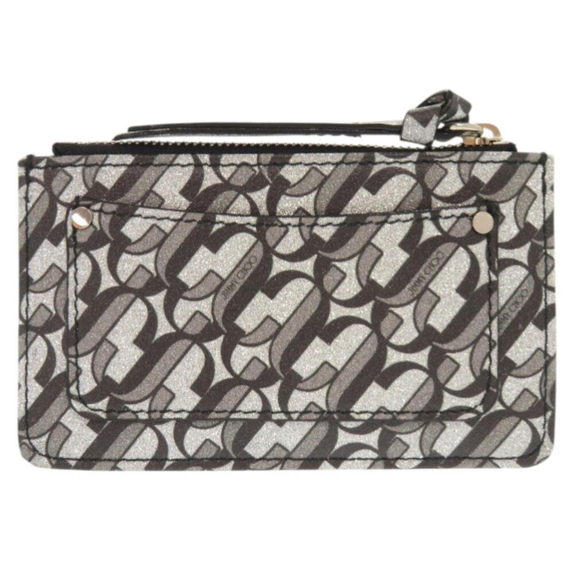 Jimmy Choo Silver Black Gray Leather Coin Purse/Coin Case (Pre-Owned)