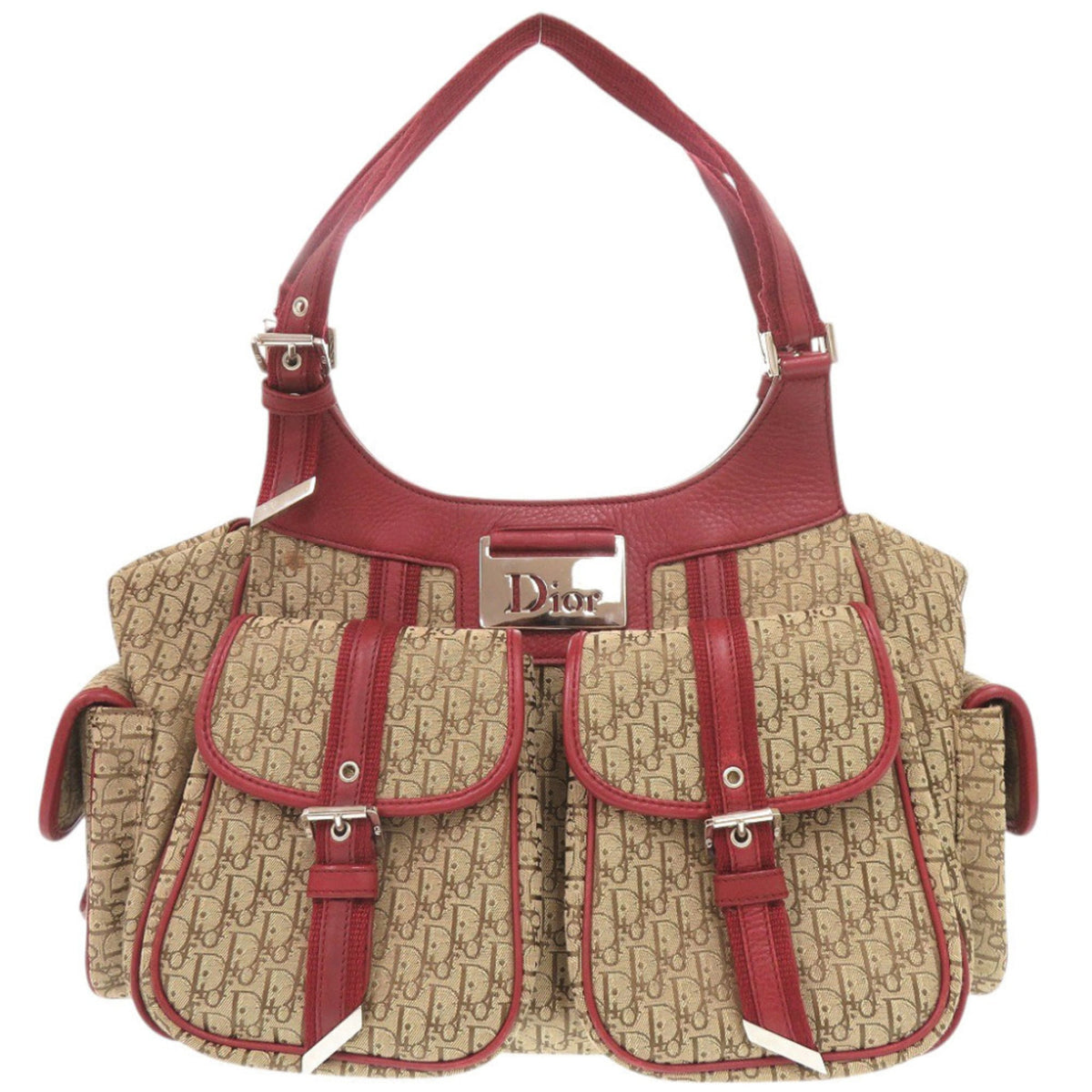 Christian Dior Beige Red Color Leather Canvas Handbag Shoulder Bag (Pre-Owned)
