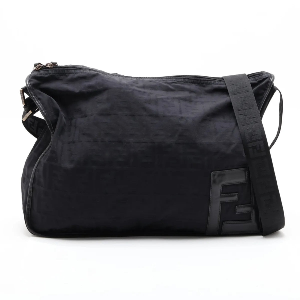 Fendi Black Leather Nylon Messenger Bag Shoulder Bag (Pre-Owned)