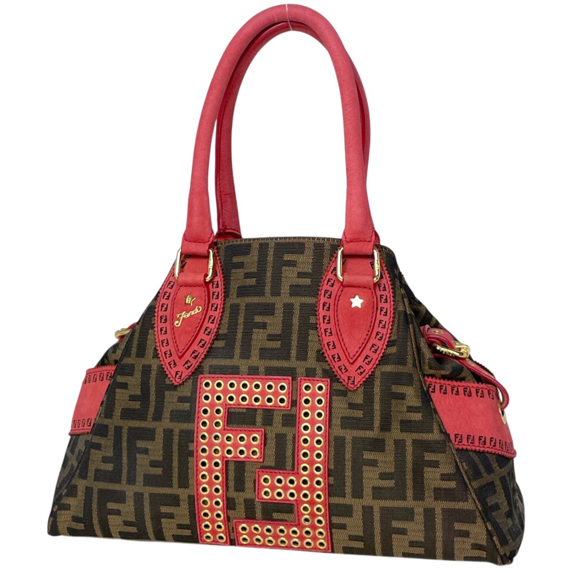 Fendi Brown Red Color Canvas Leather Handbag (Pre-Owned)
