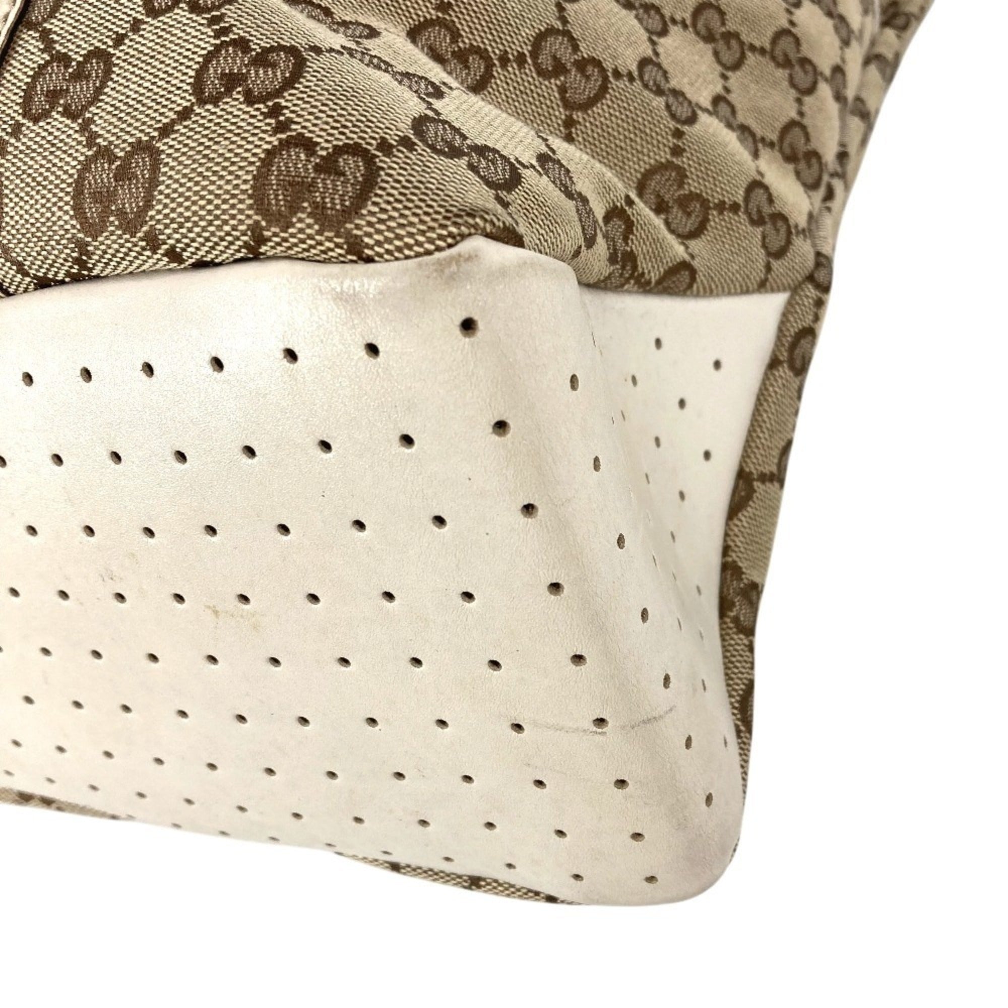 Gucci Beige White Gg Canvas Leather Shoulder Bag Tote Bag (Pre-Owned)