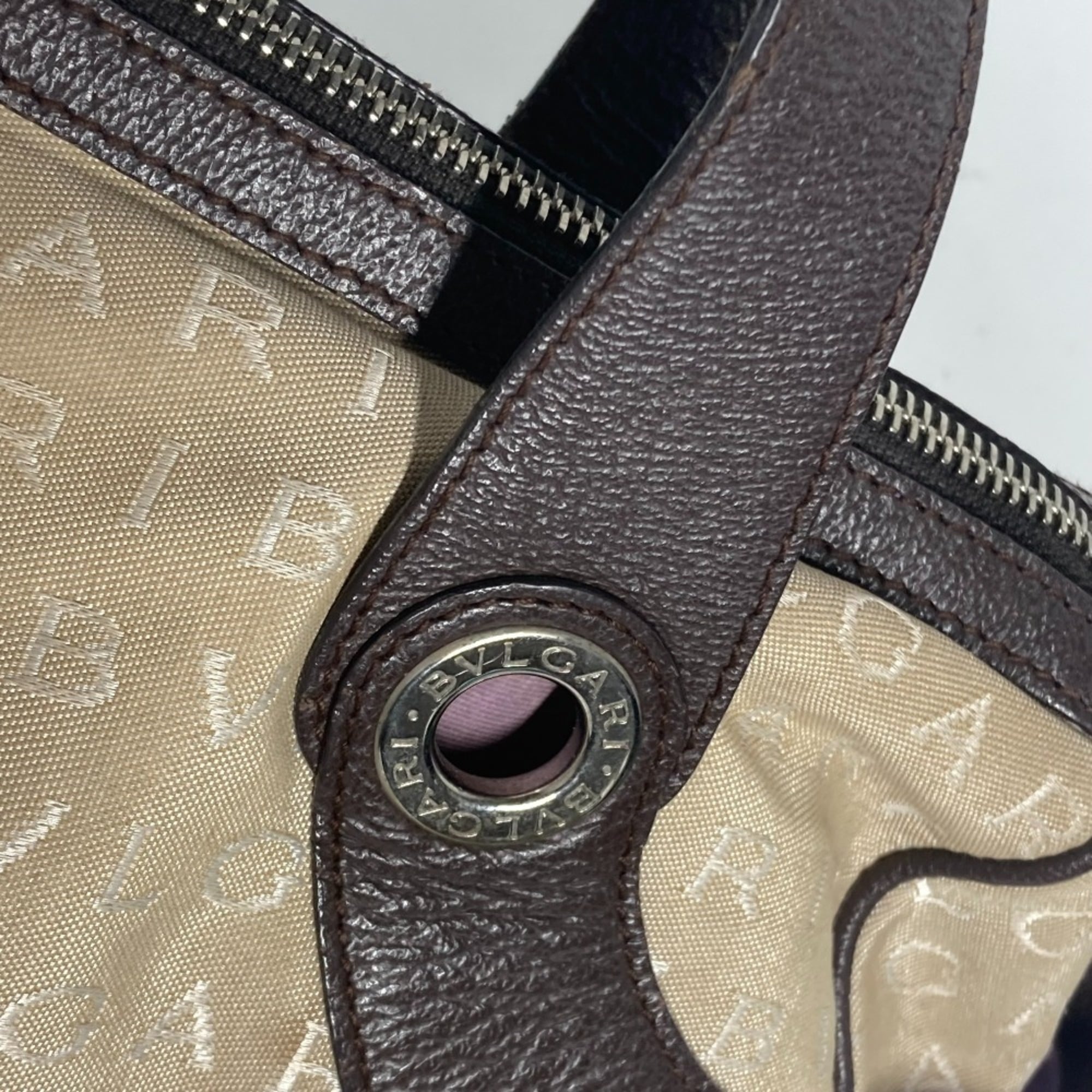 Bvlgari Beige Dark Brown Leather Canvas Boston Bag Shoulder Bag (Pre-Owned)