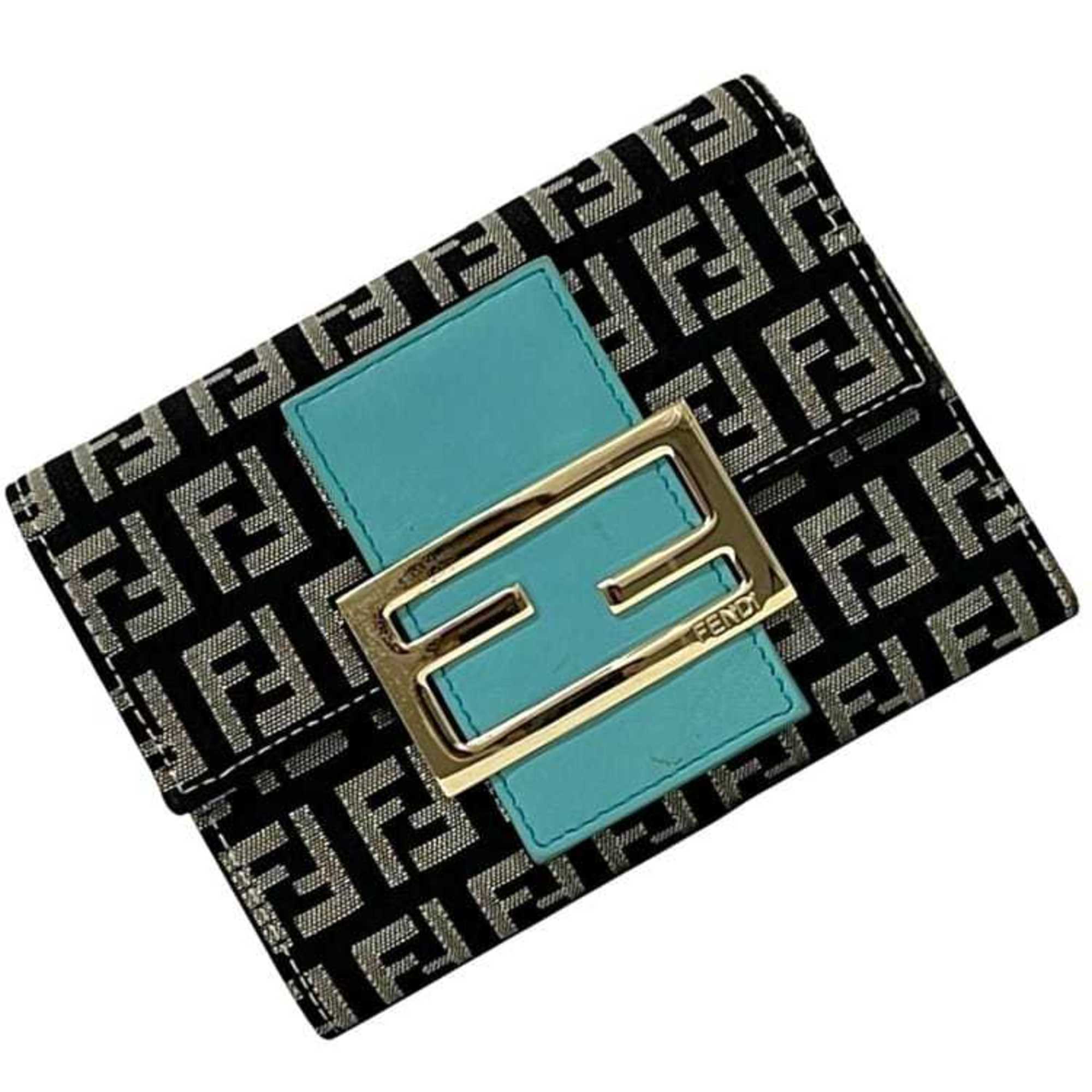 Fendi Zucchino Black Blue Canvas Leather Wallet (Tri-Fold) (Pre-Owned)