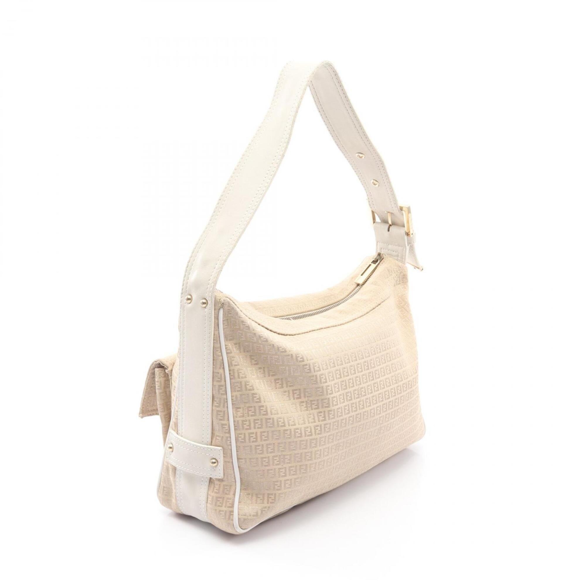 Fendi Beige White Canvas Leather Handbag Shoulder Bag (Pre-Owned)
