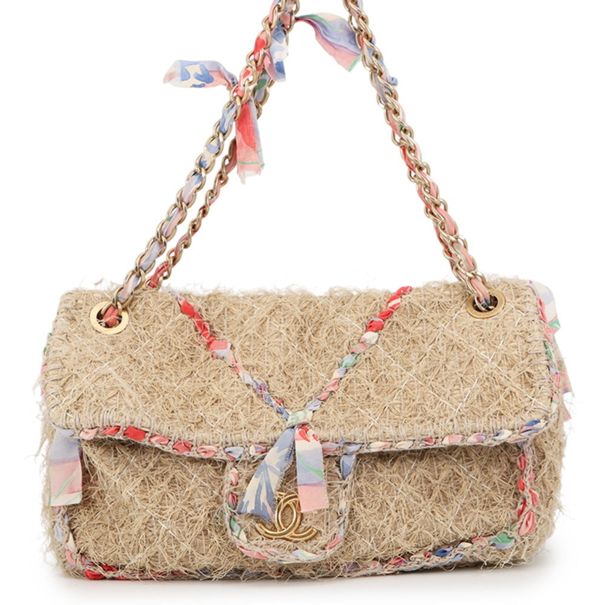 Chanel Beige Multi-Color Raffia Handbag Shoulder Bag (Pre-Owned)