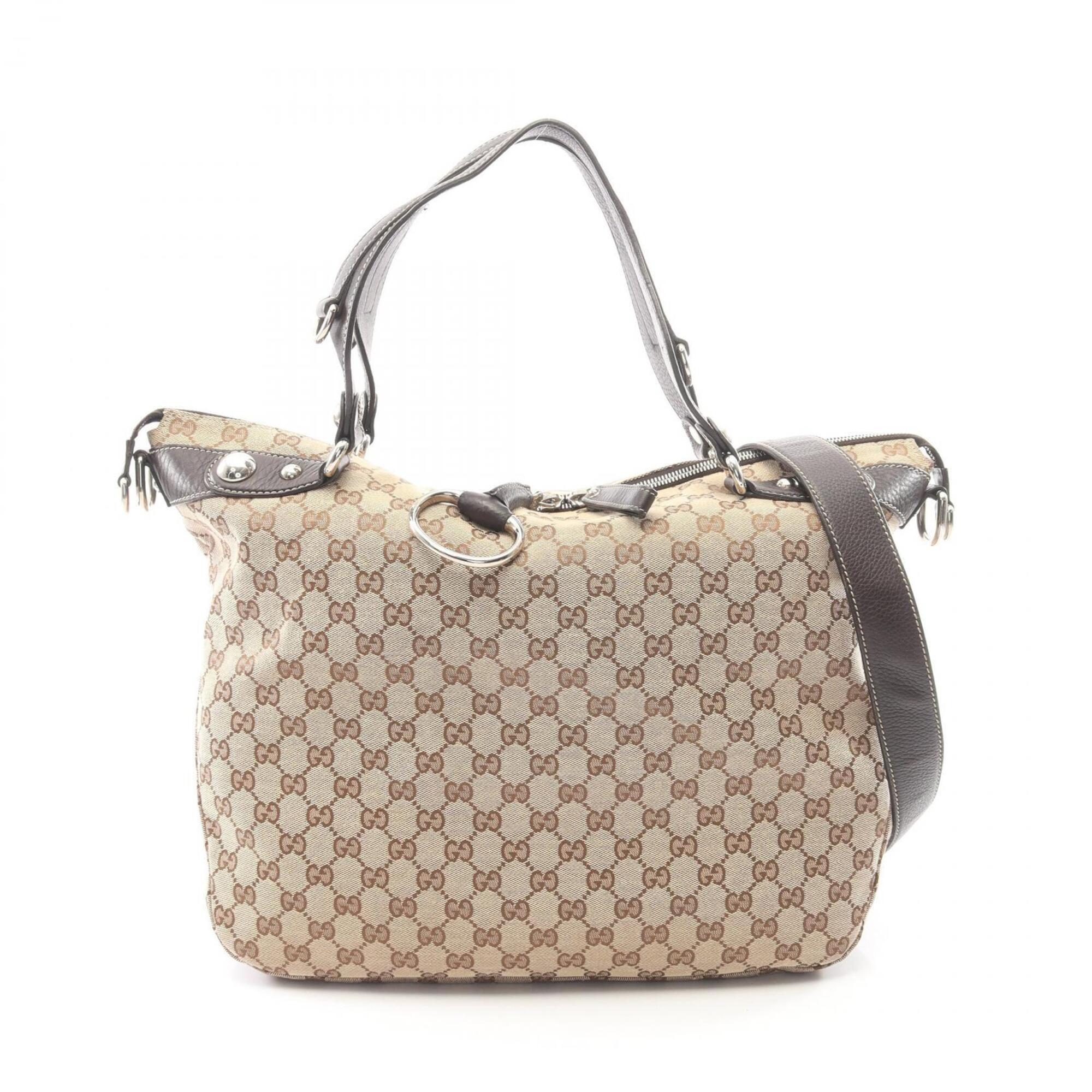 Gucci Beige Brown Gg Canvas Leather Handbag Tote Bag (Pre-Owned)