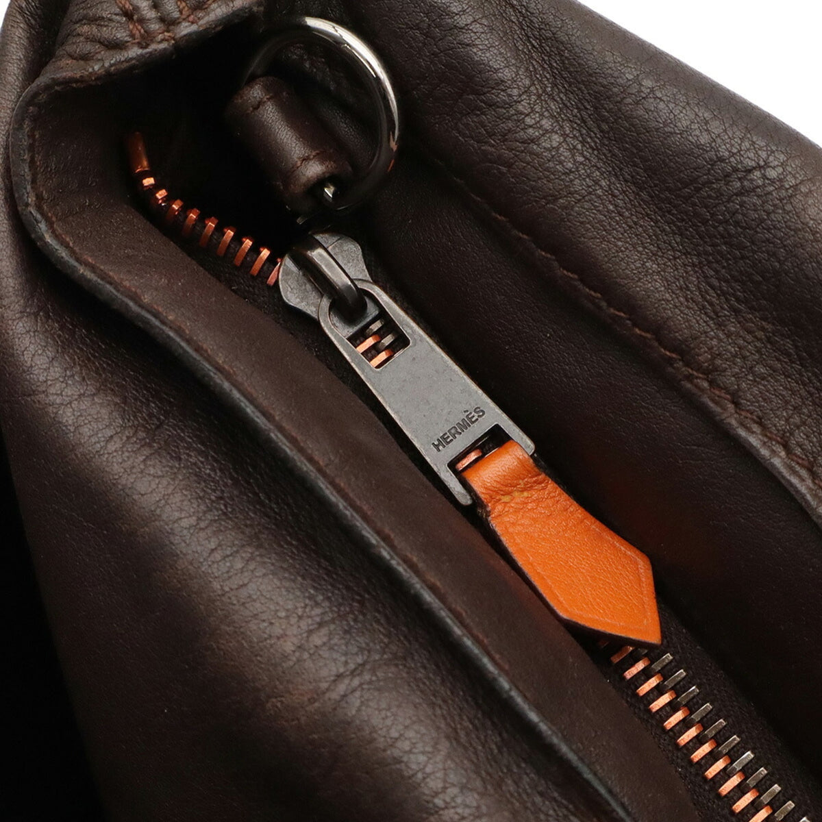 Hermes Dark Brown Navy Orange Veau Derma Shoulder Bag Tote Bag (Pre-Owned)