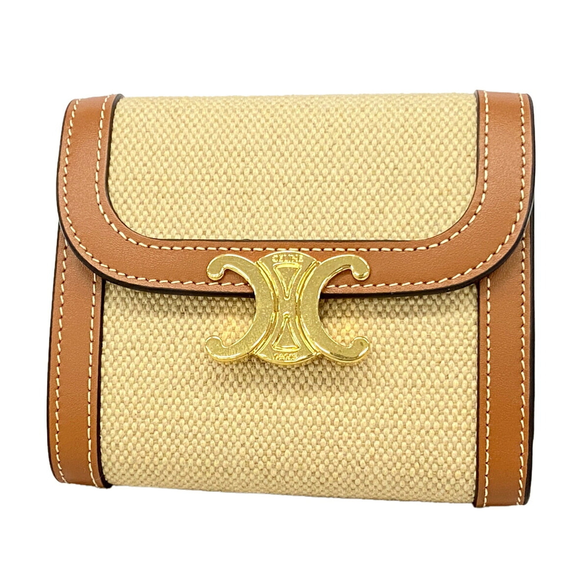 Celine Beige Brown Canvas Leather Wallet (Tri-Fold) (Pre-Owned)