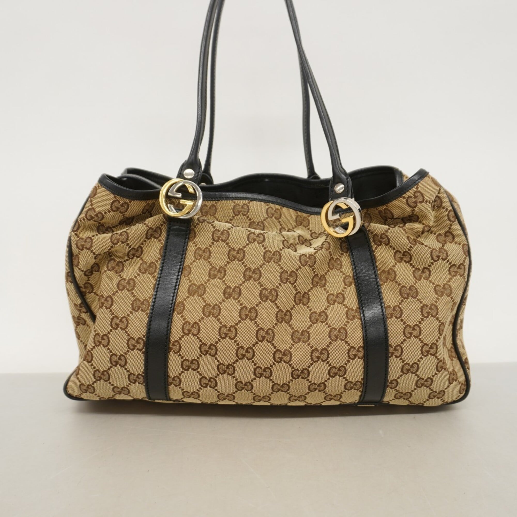 Gucci Beige Black Canvas Tote Bag (Pre-Owned)