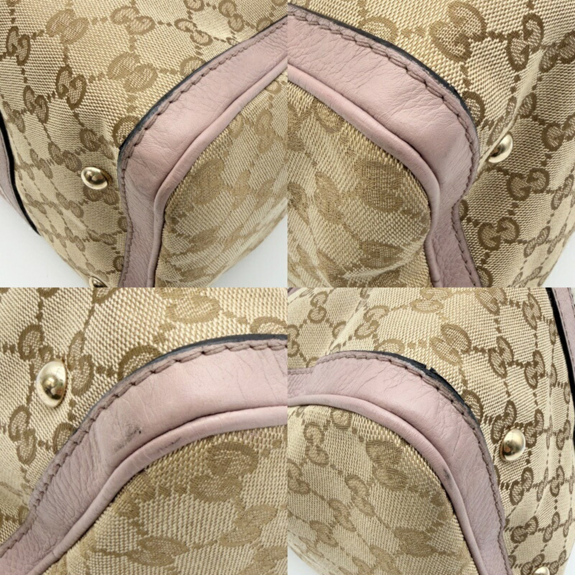 Gucci Sherry Line Beige Pink Canvas Leather Boston Bag (Pre-Owned)