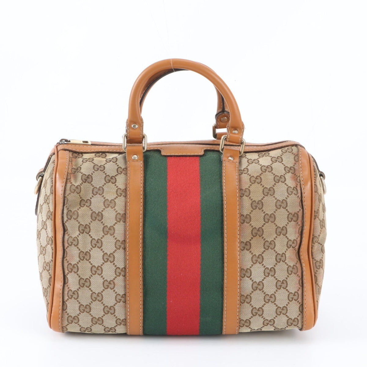 Gucci Brown Leather Canvas Boston Bag Handbag Tote Bag (Pre-Owned)
