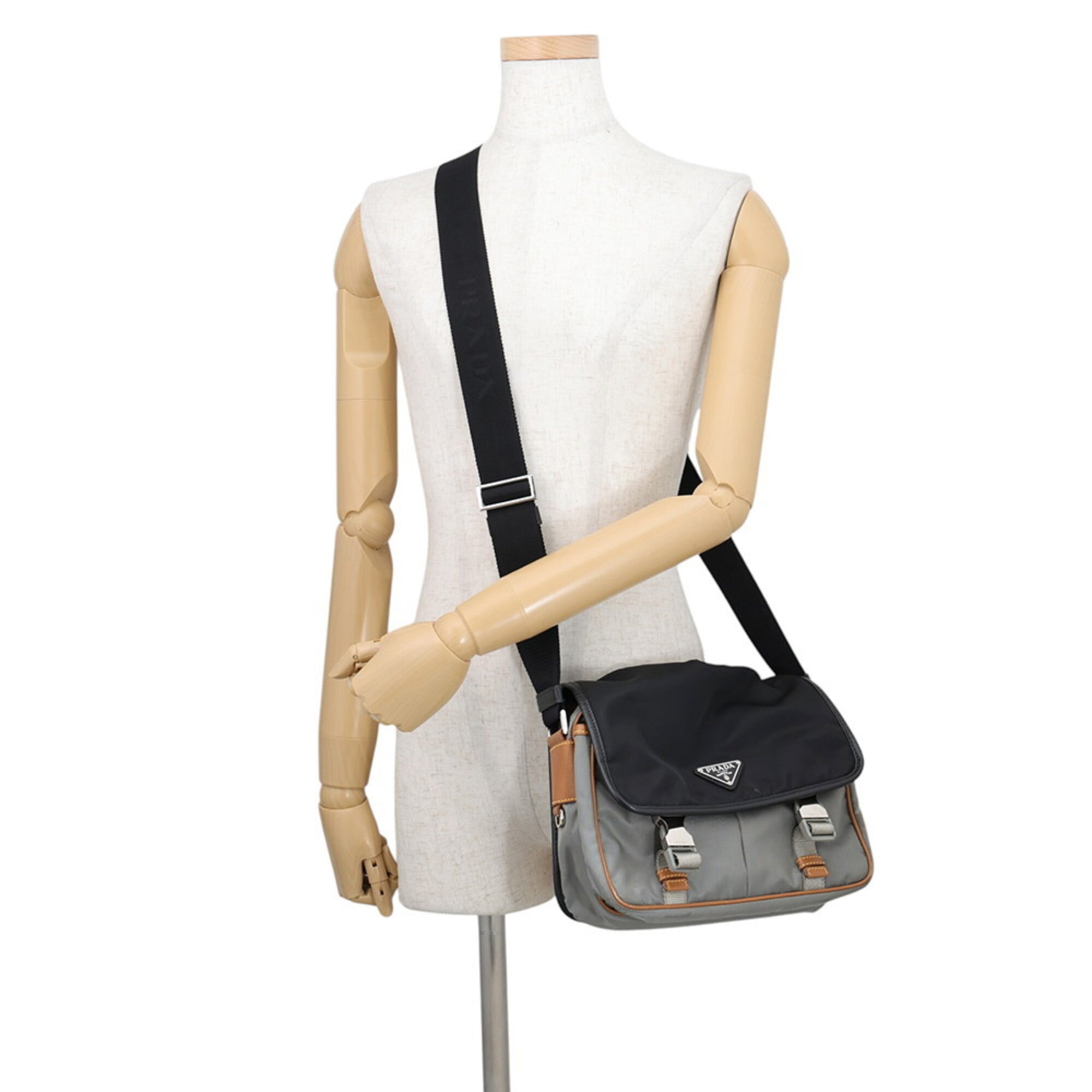 Prada Black Gray Brown Nylon Leather Handbag Shoulder Bag (Pre-Owned)