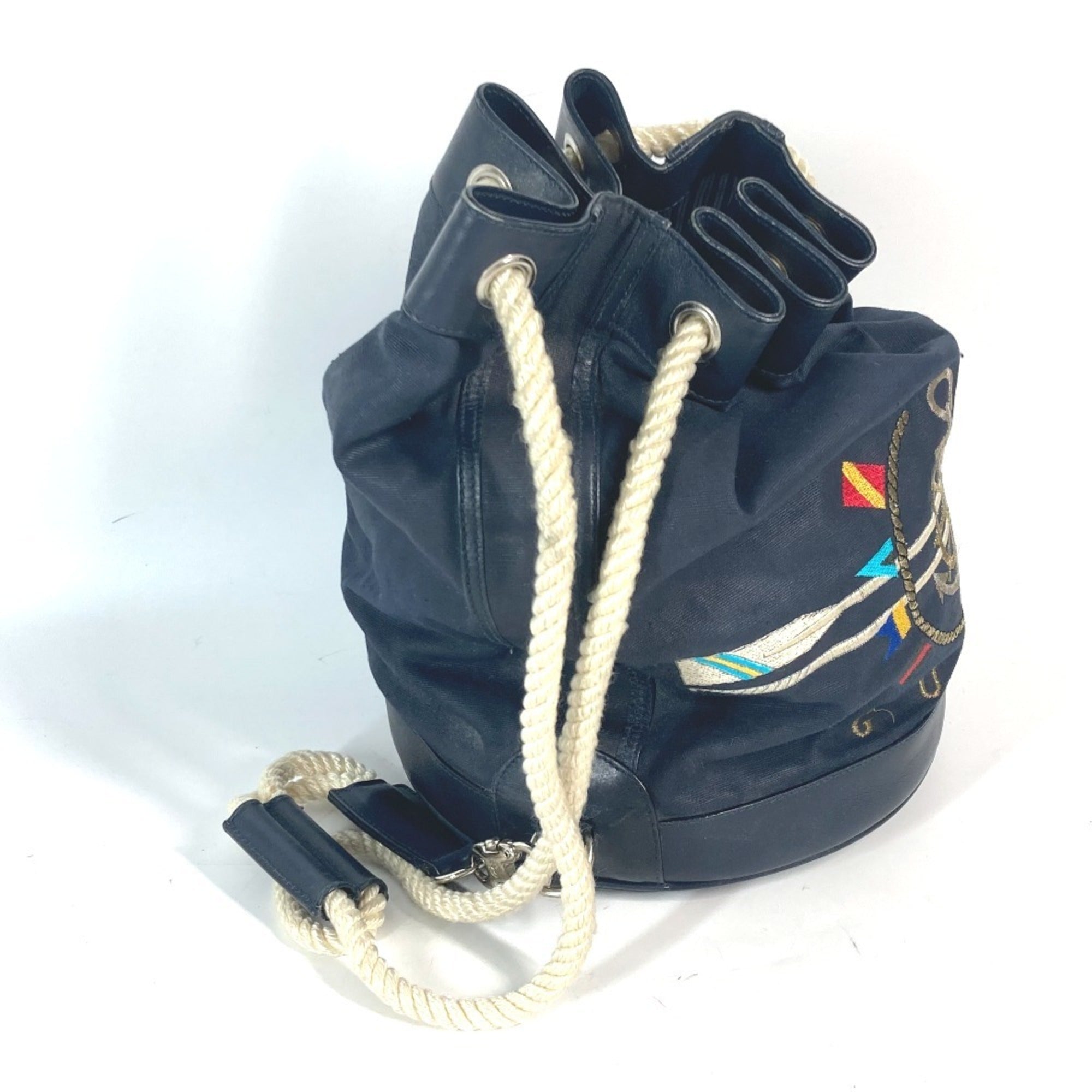 Gucci Navy Coated Canvas Leather Shoulder Bag (Pre-Owned)