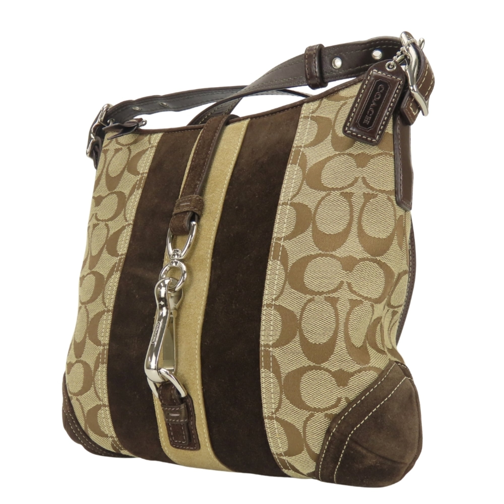 Coach Signature Brown Canvas Suede Leather Shoulder Bag (Pre-Owned)