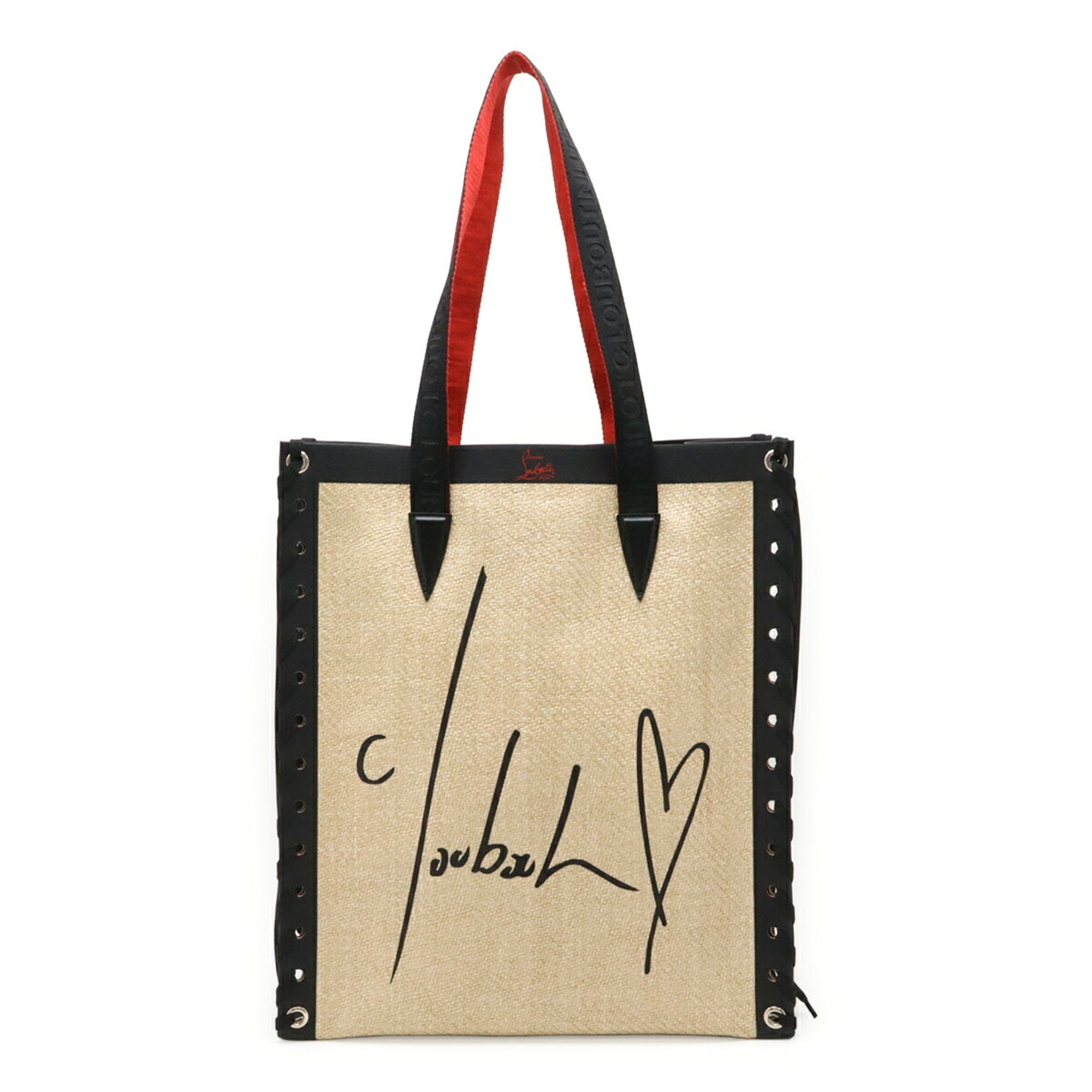 Christian Louboutin Beige Black Red Color Raffia Canvas Leather Shoulder Bag Tote Bag (Pre-Owned)