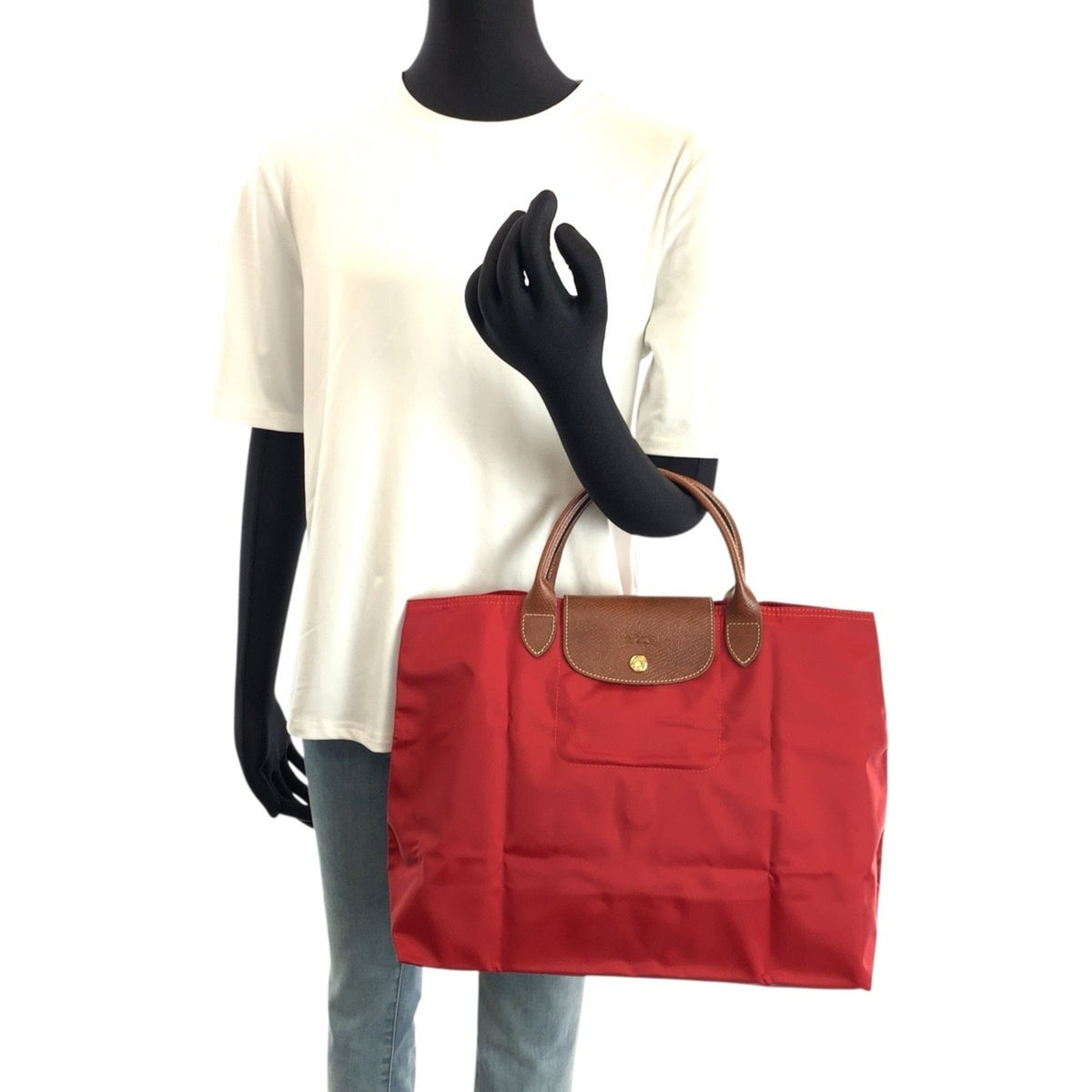 Longchamp Brown Red Color Nylon Leather Handbag Tote Bag (Pre-Owned)