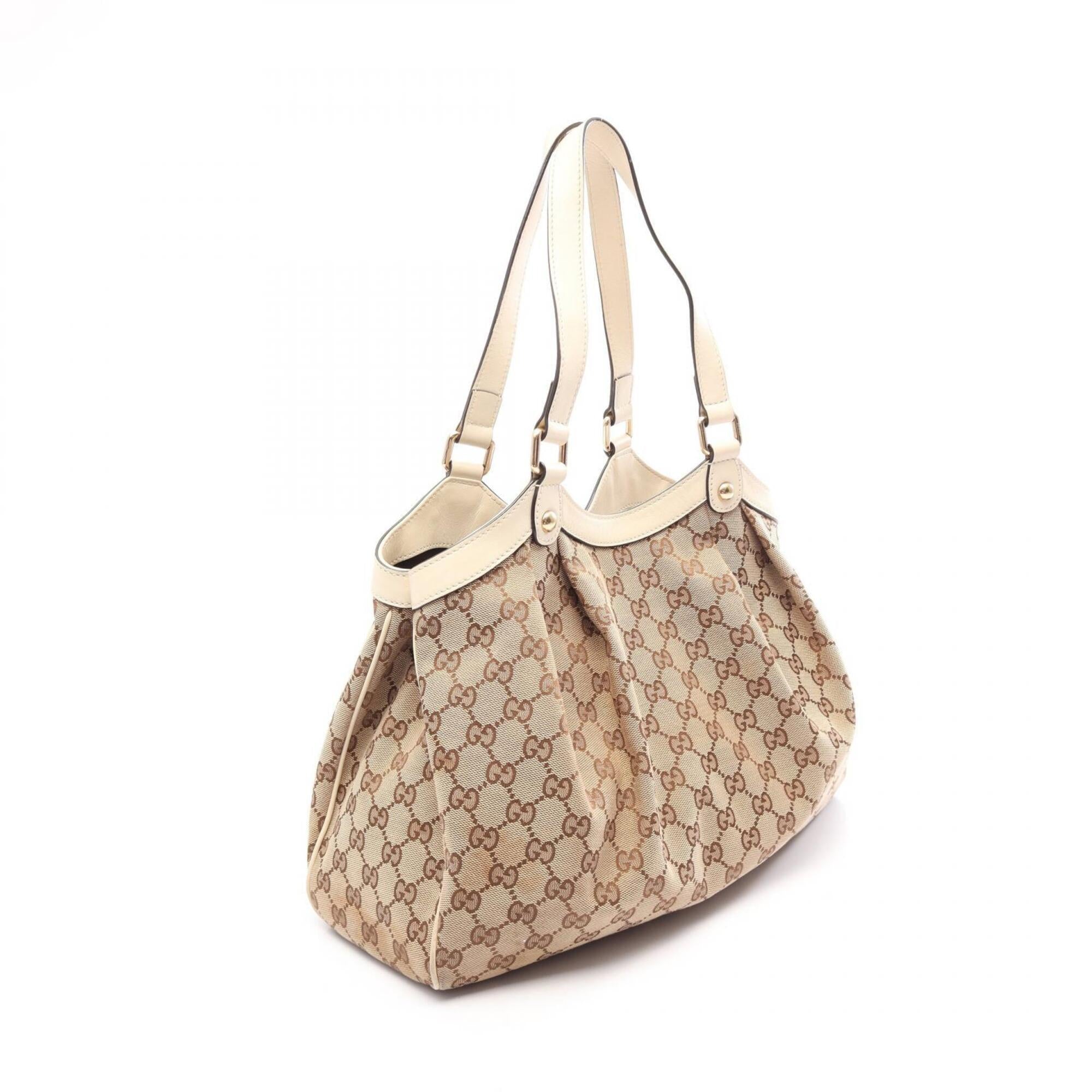 Gucci Beige White Canvas Leather Handbag Tote Bag (Pre-Owned)