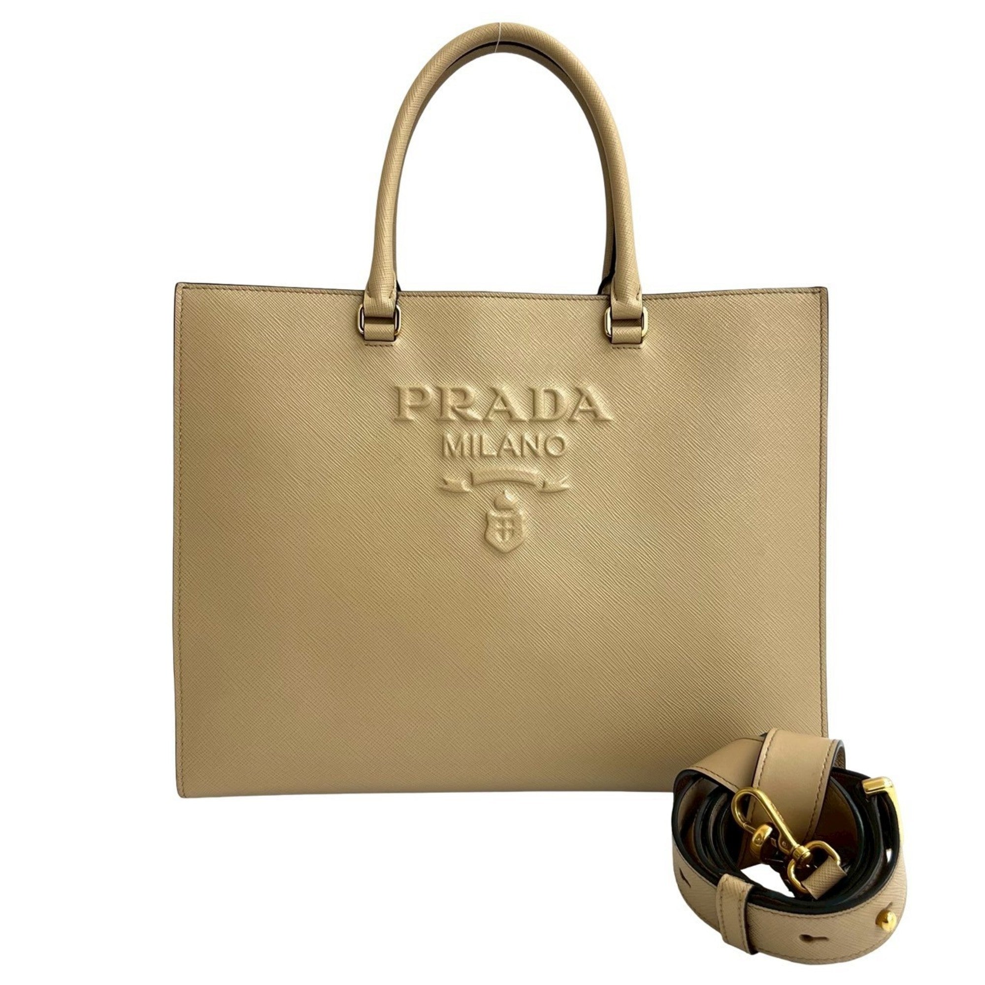 Prada Beige Leather Handbag Shoulder Bag Tote Bag (Pre-Owned)