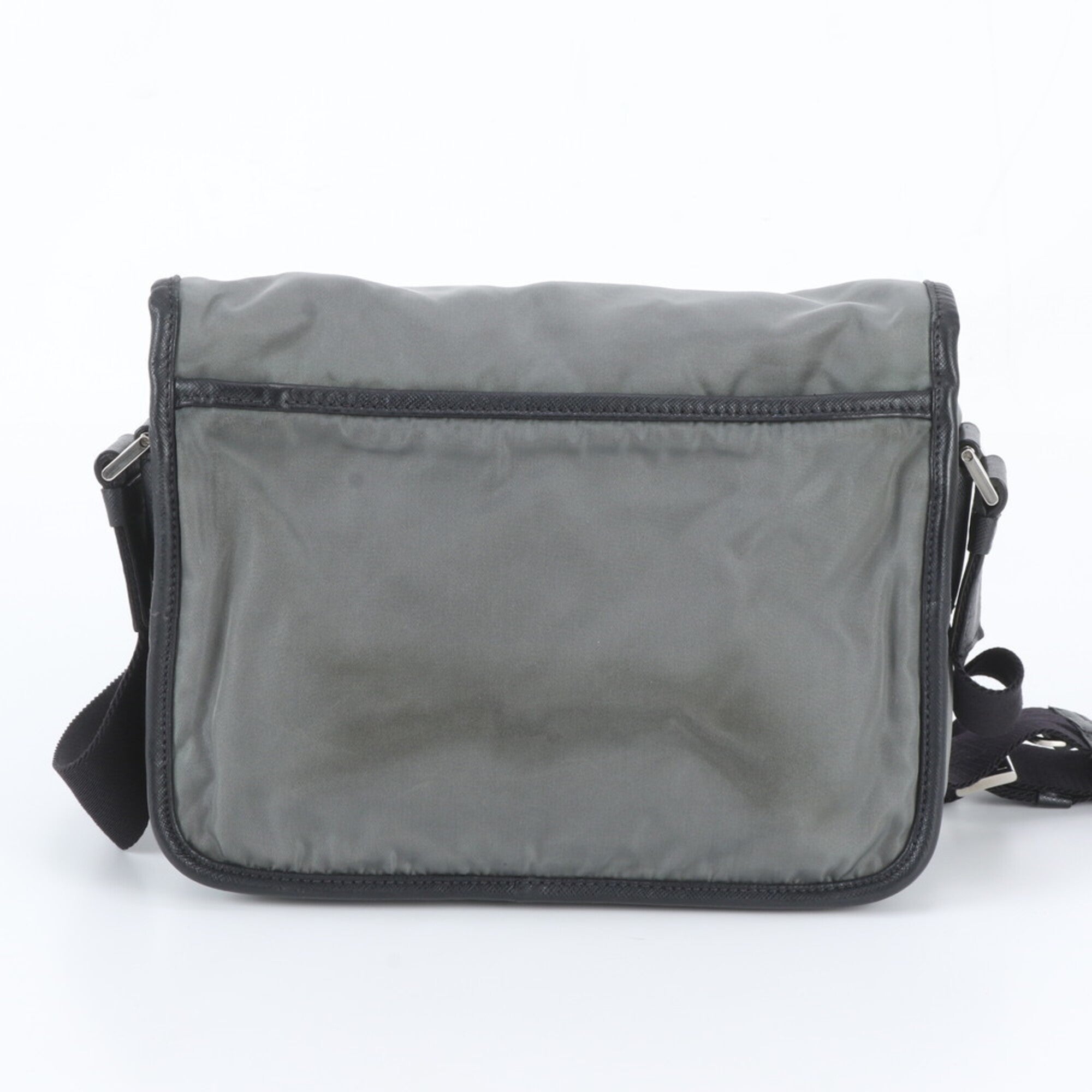 Prada Black Gray Leather Nylon Messenger Bag Shoulder Bag (Pre-Owned)