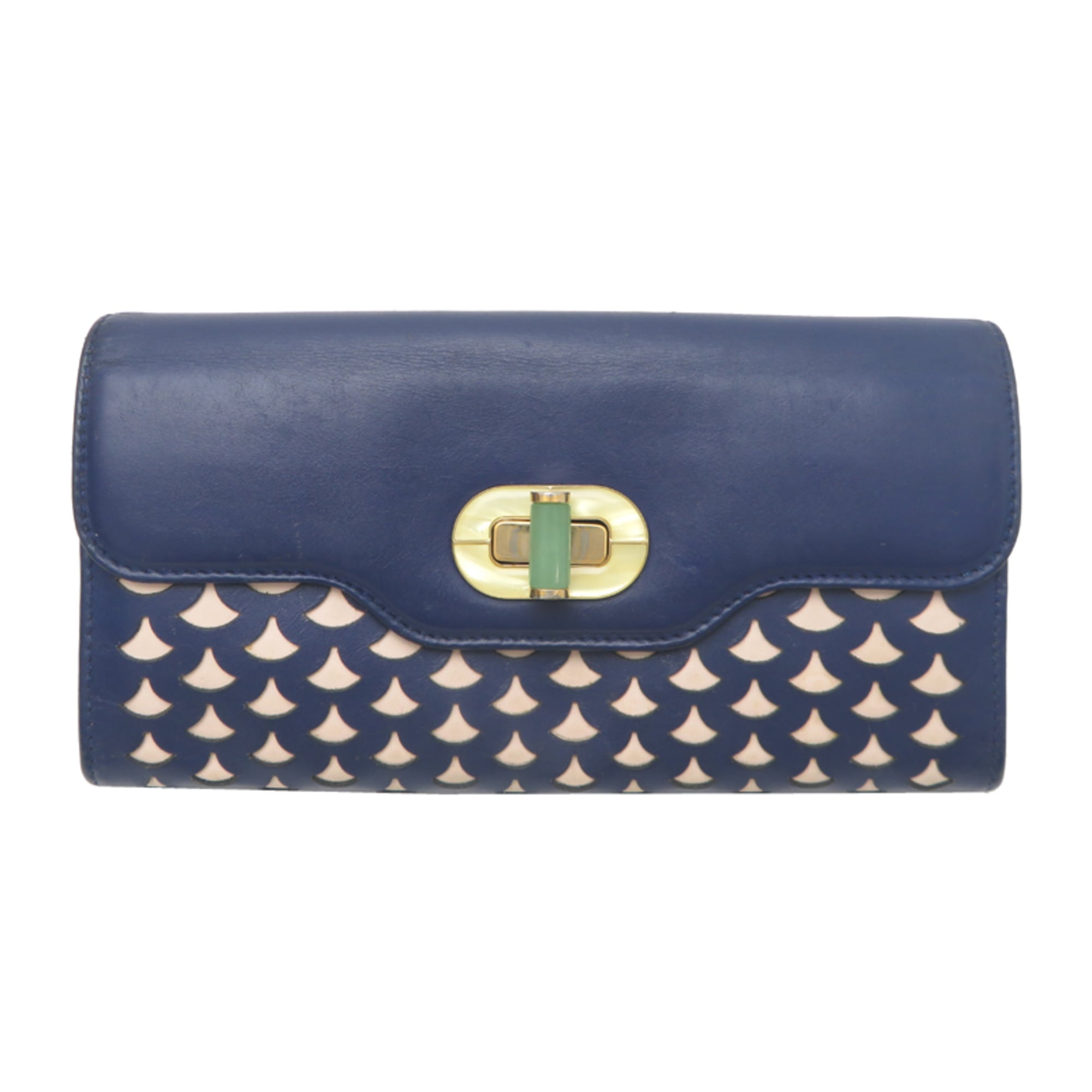 Bvlgari Beige Navy Leather Long Wallet (Bi-Fold) (Pre-Owned)