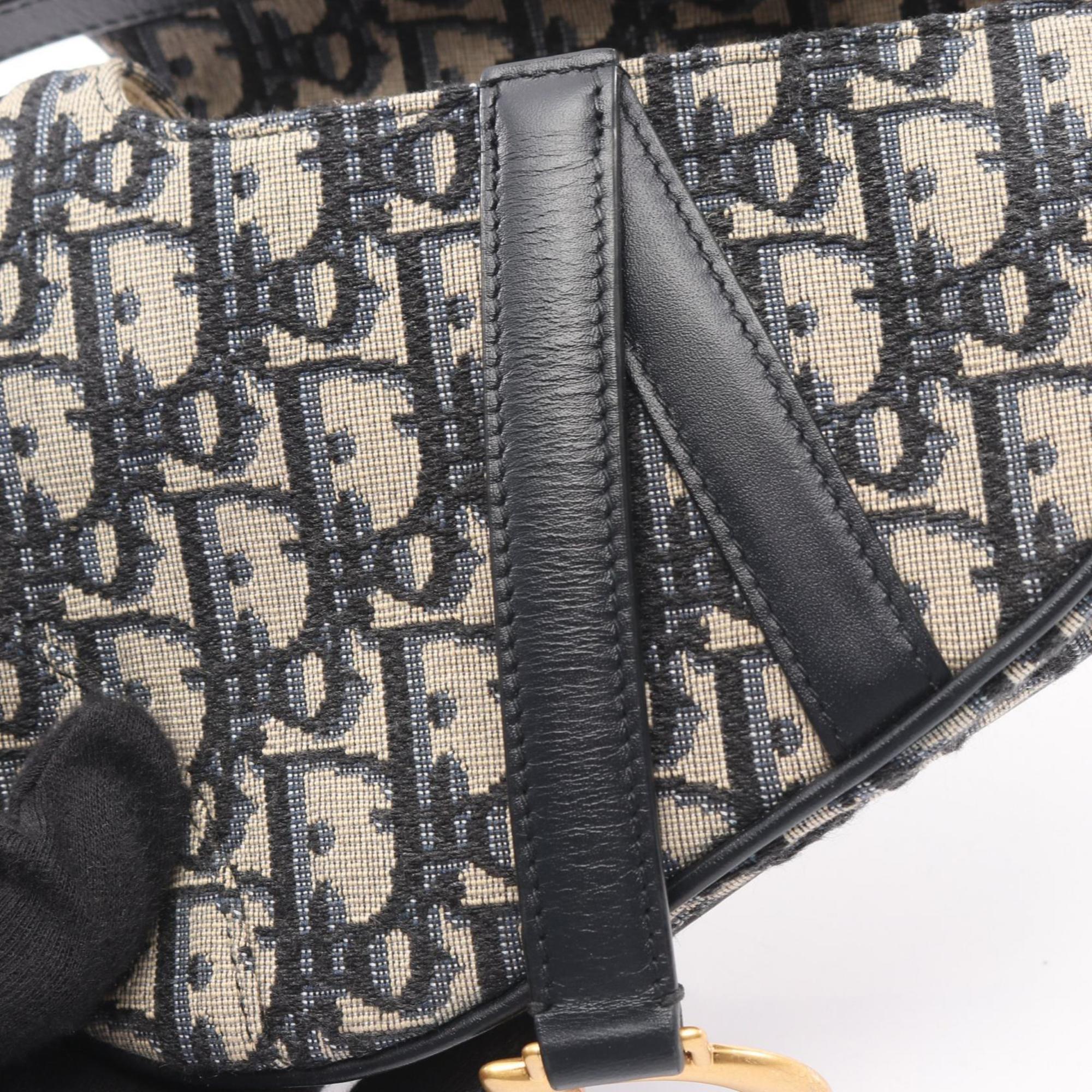Christian Dior Beige Black Navy Canvas Leather Handbag Saddle Bag (Pre-Owned)