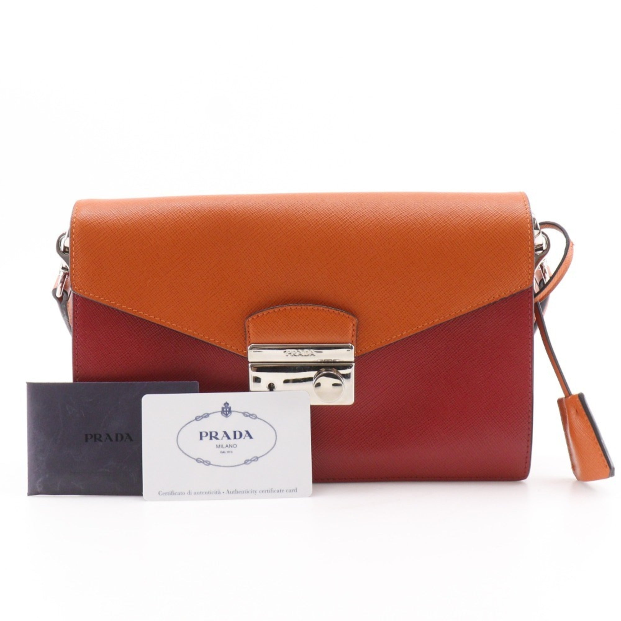 Prada Saffiano Orange Red Color Saffiano Clutch Bag Shoulder Bag (Pre-Owned)