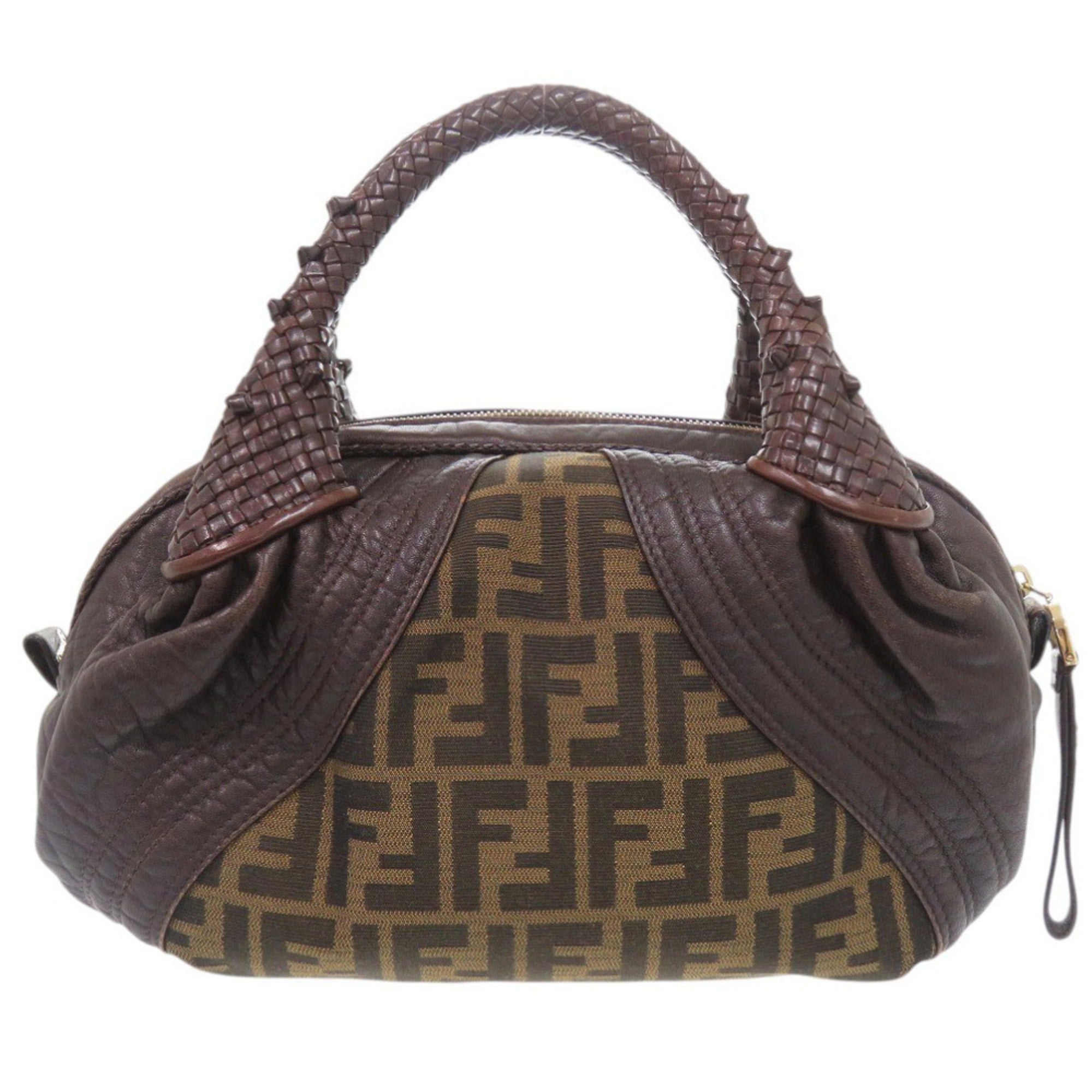 Fendi Brown Leather Canvas Handbag (Pre-Owned)