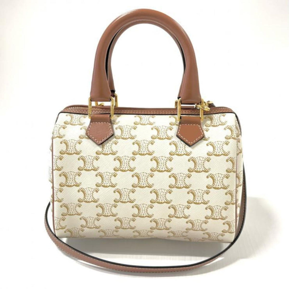 Celine Brown White Canvas Leather Handbag Shoulder Bag (Pre-Owned)