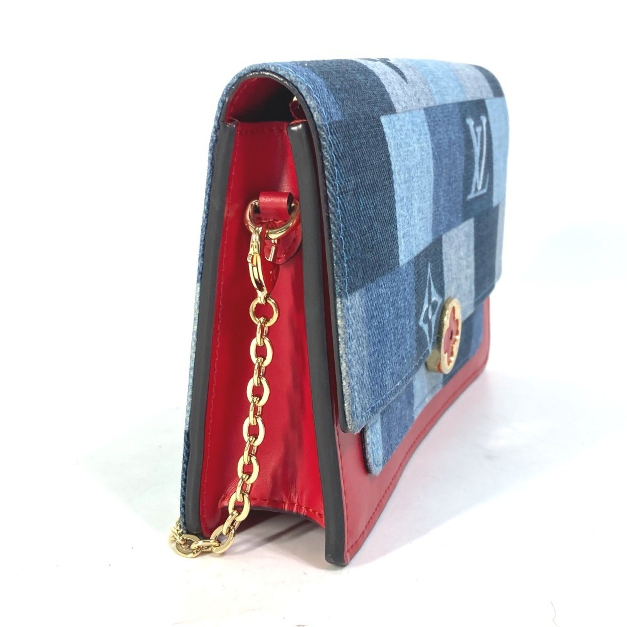 Louis Vuitton Monogram Denim Blue Red Color Monogram Denim Chain/Shoulder Wallet (Pre-Owned)