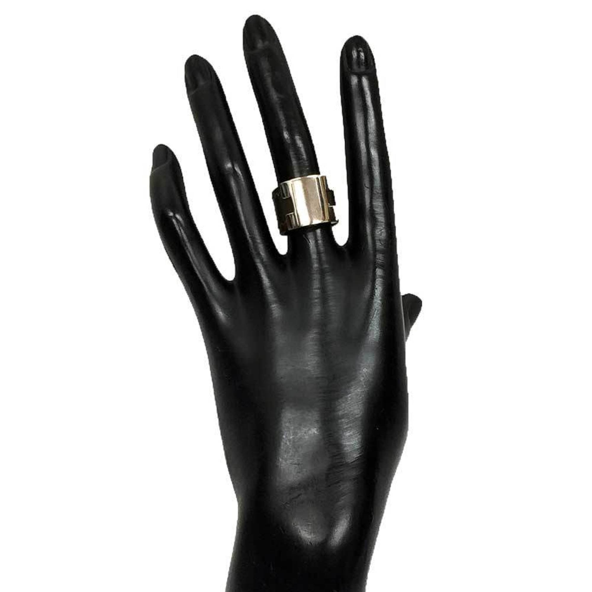 Hermes Khaki Silver Brass Leather Band Ring (Pre-Owned)