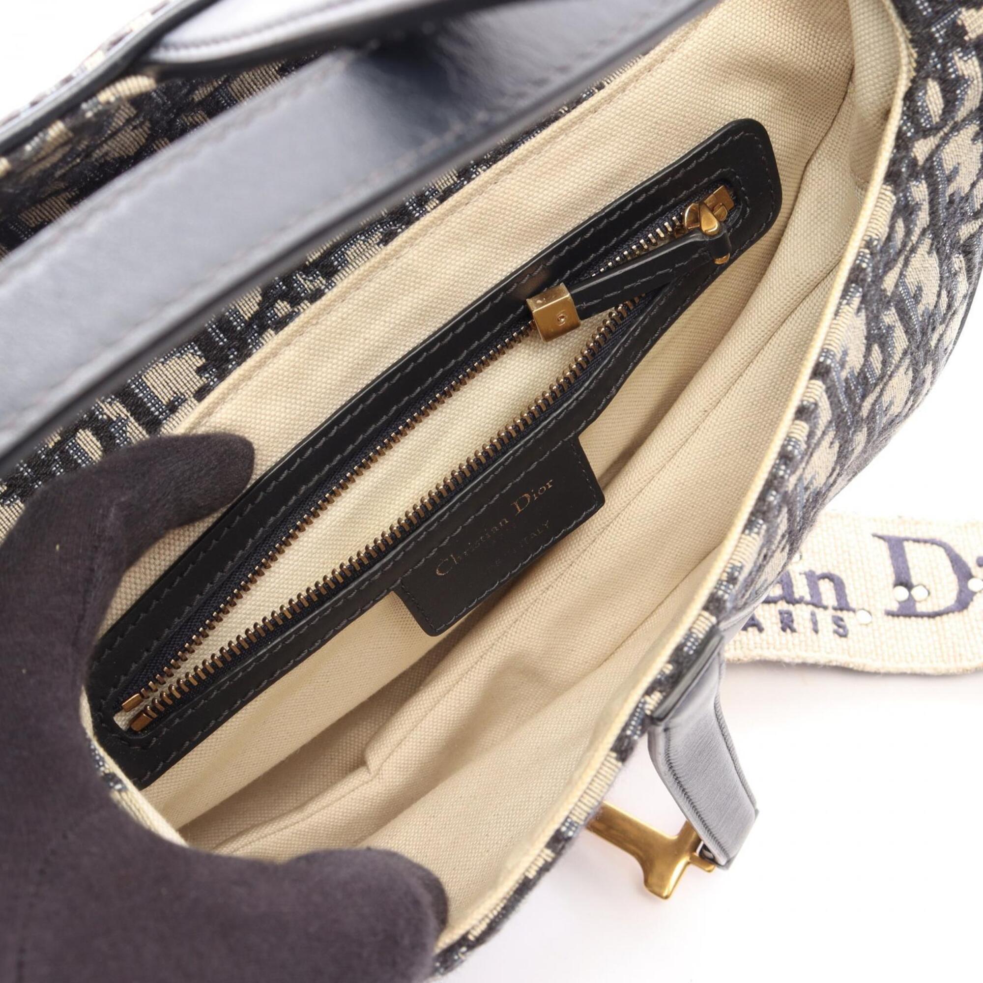 Christian Dior Beige Navy Canvas Leather Saddle Bag (Pre-Owned)