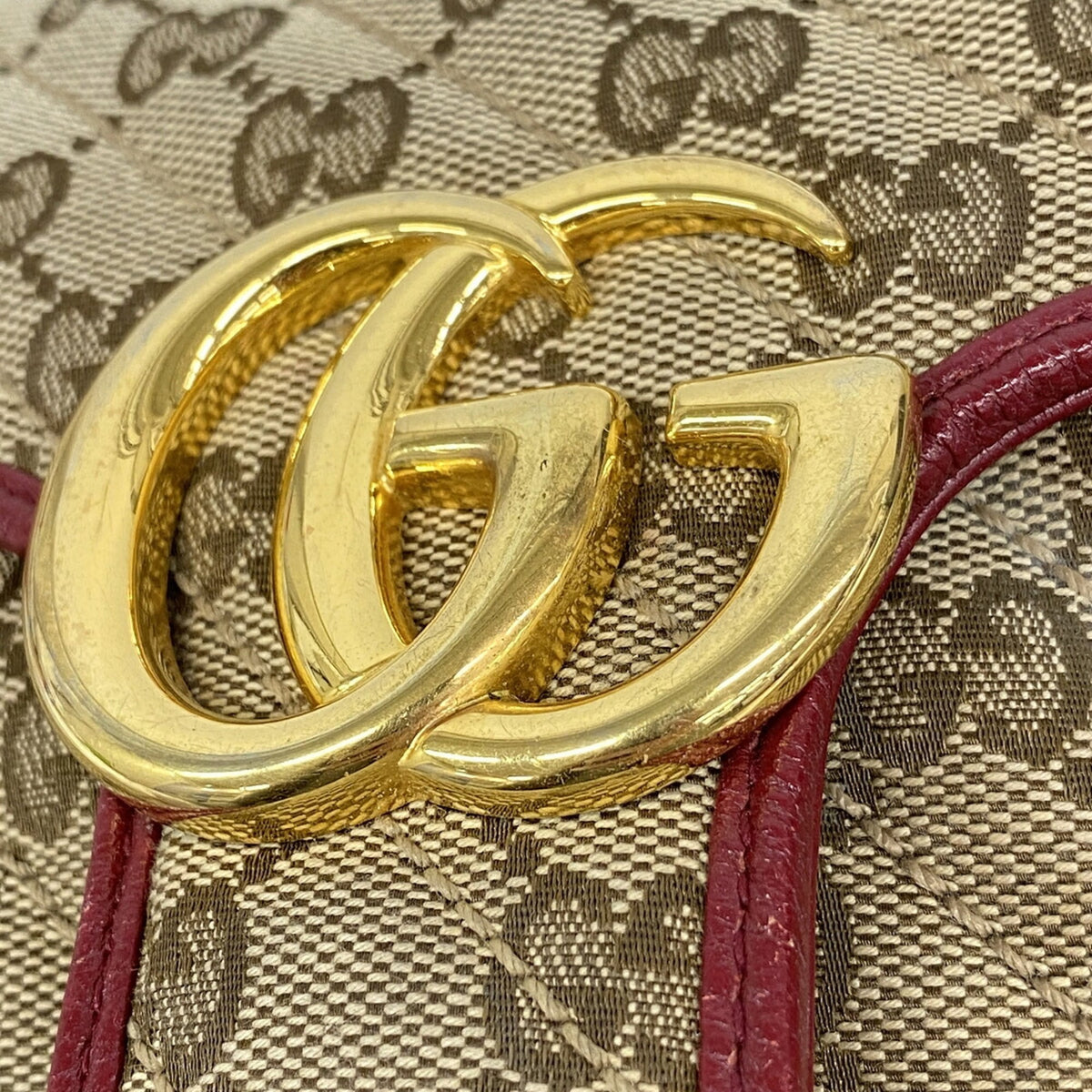 Gucci Beige Red Color Canvas Leather Shoulder Bag (Pre-Owned)