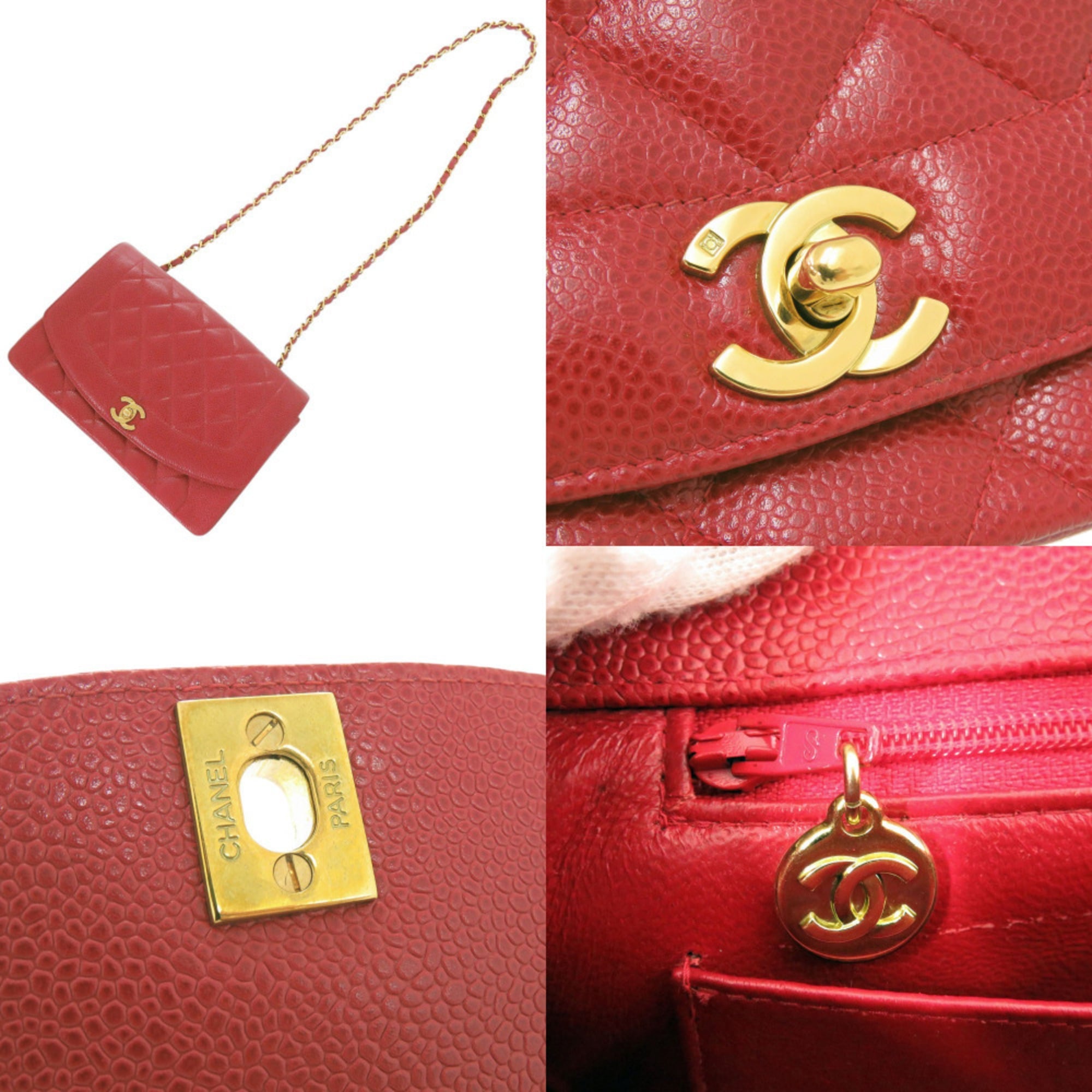 Chanel Red Color Grained Calfskin Shoulder Bag (Pre-Owned)