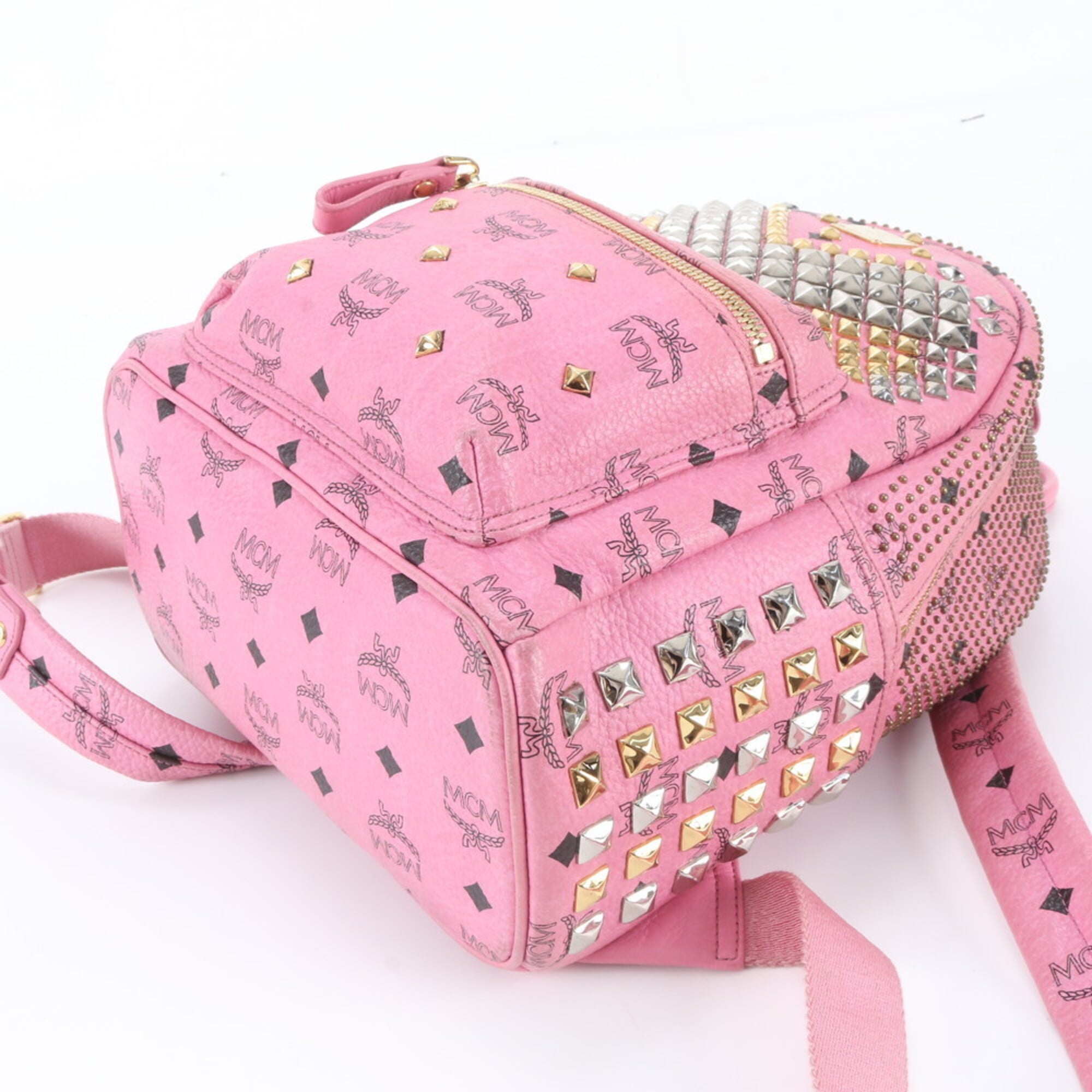 Mcm Pink Leather Coated Canvas Backpack Shoulder Bag (Pre-Owned)