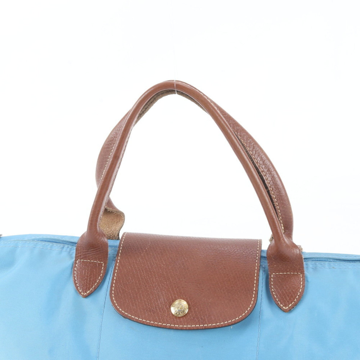 Longchamp Blue Brown Leather Nylon Handbag Shoulder Bag Tote Bag (Pre-Owned)