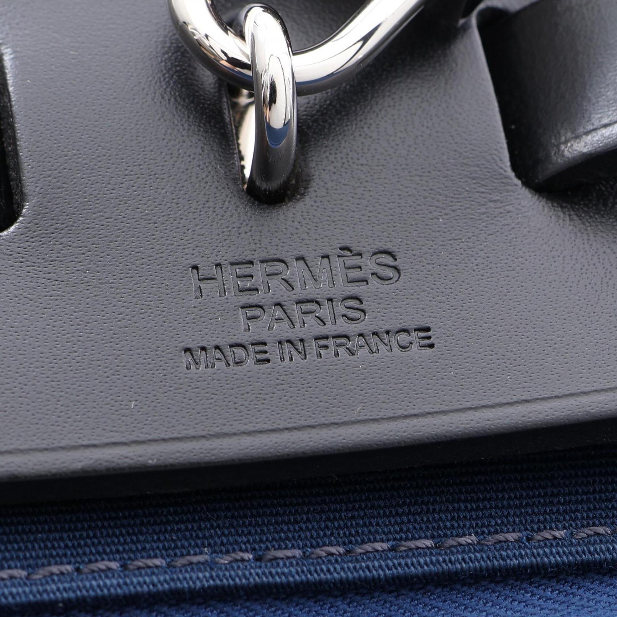 Hermes Black Navy Canvas Leather Handbag (Pre-Owned)