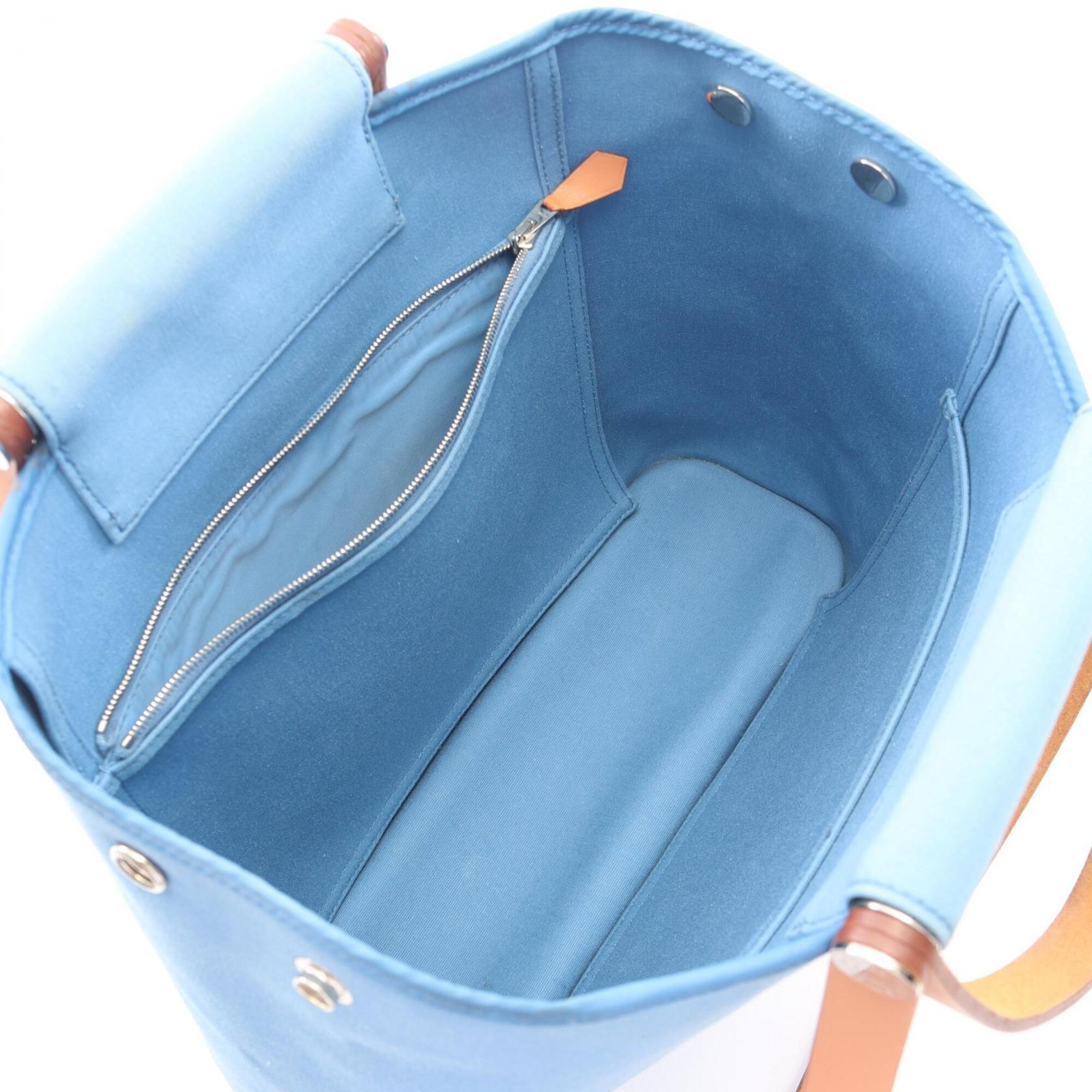 Hermes Blue Brown Toile Officier Leather Handbag Tote Bag (Pre-Owned)